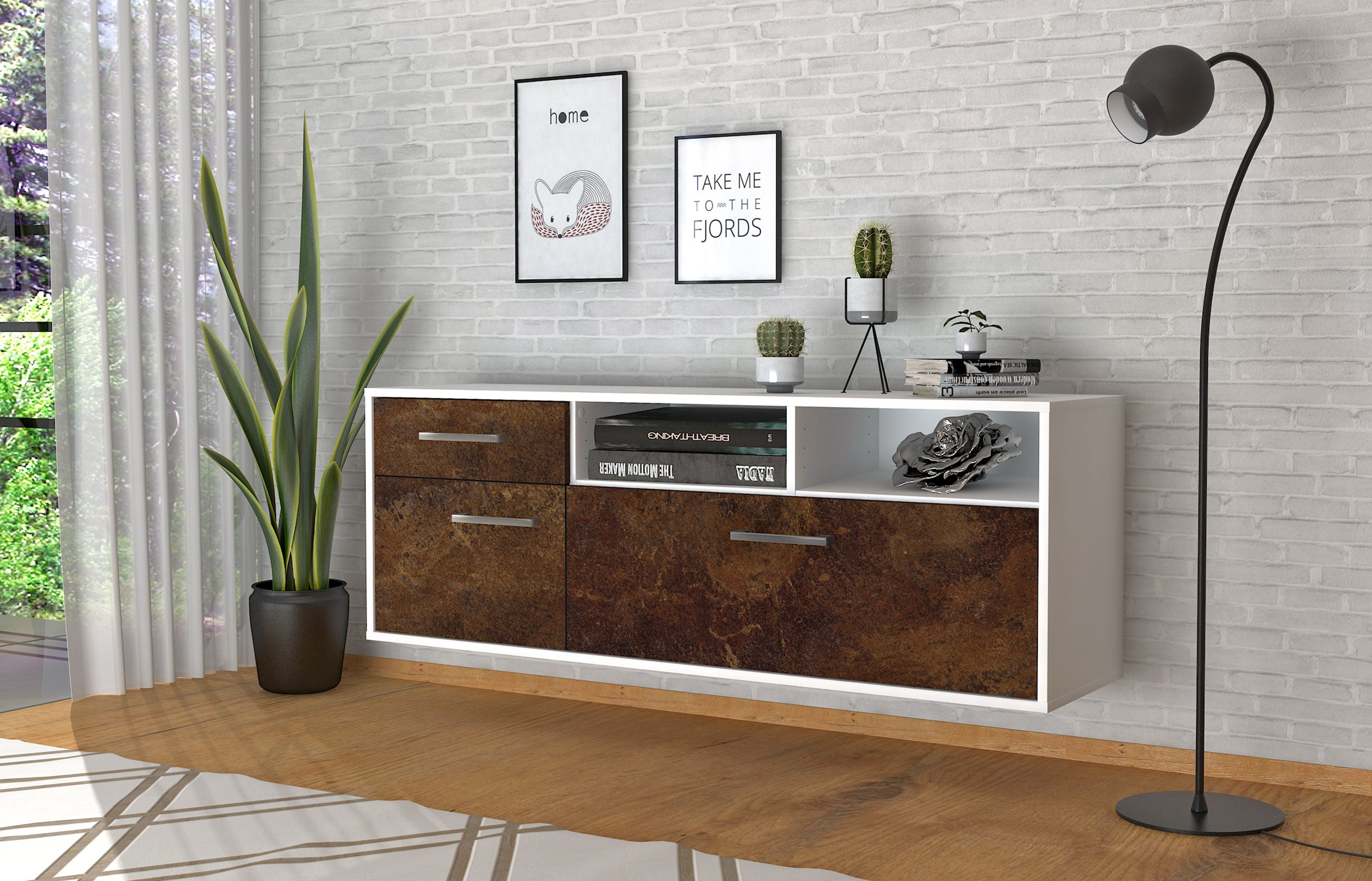 Lowboard - Amisa - Design Industrie Stil - Wandmontage mit Griffe 136 cm Weiss