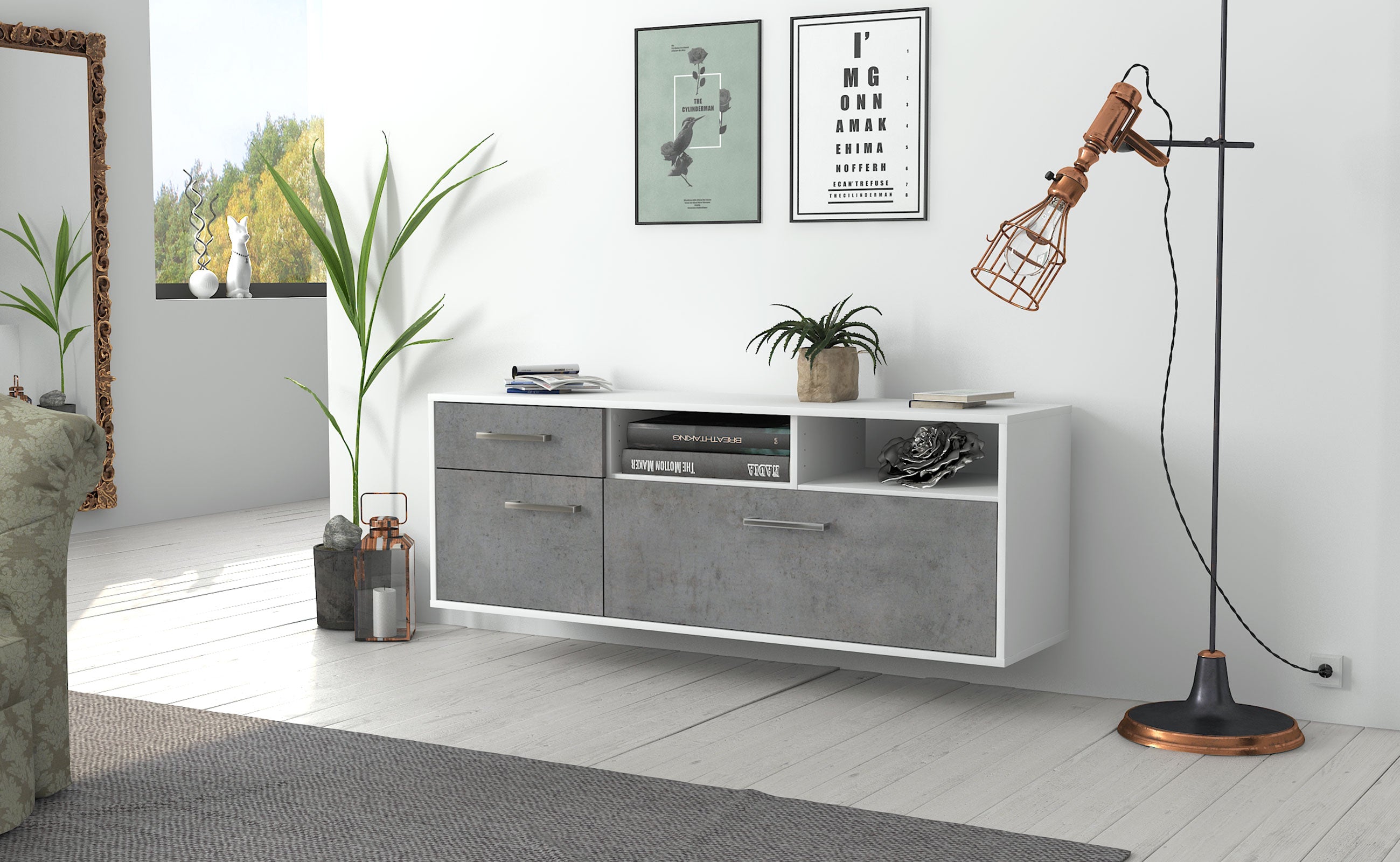 Lowboard - Amisa - Design Industrie Stil - Wandmontage mit Griffe 136 cm Weiss