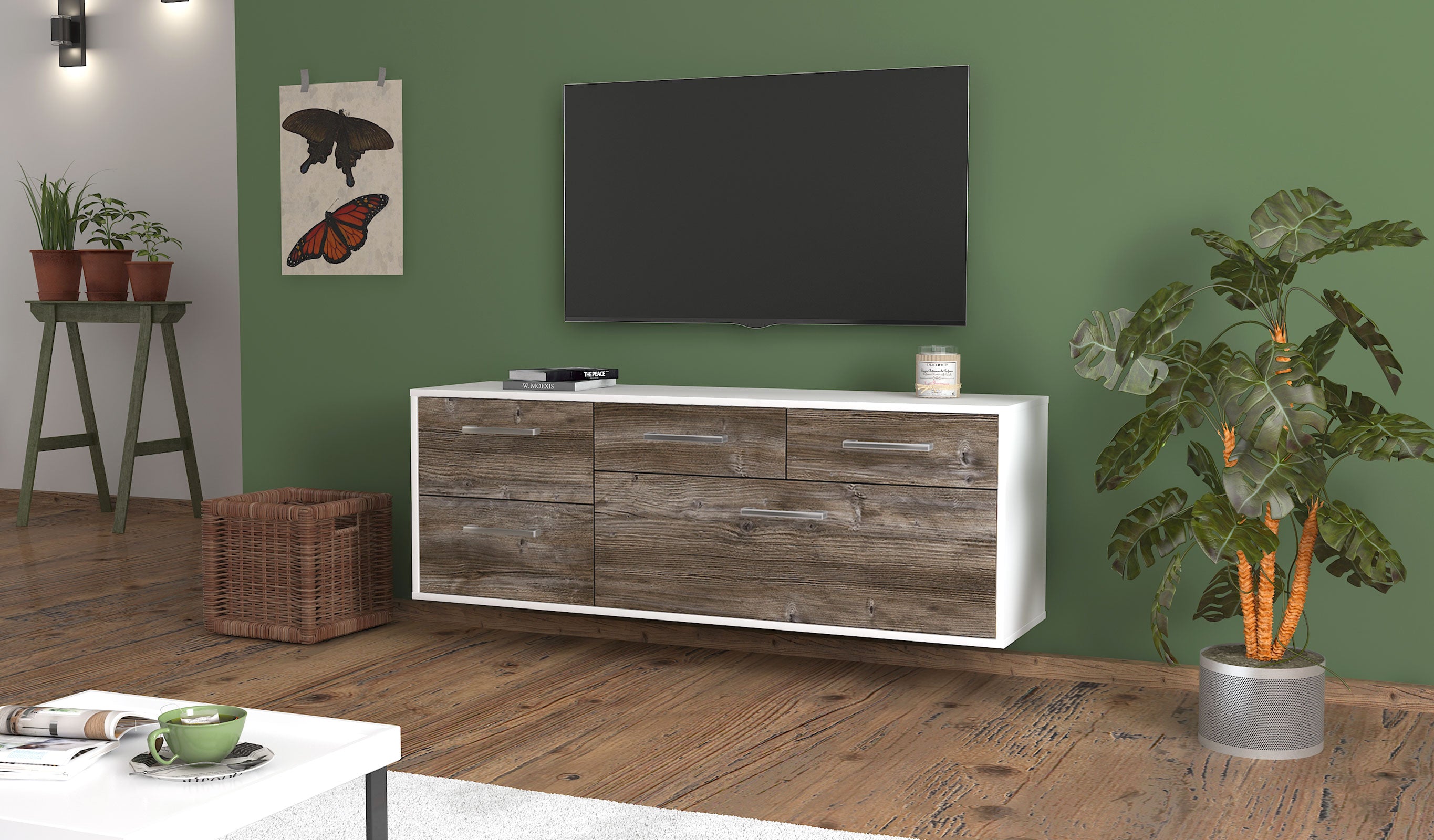 Lowboard - Anais - Design Holzdekor - Wandmontage mit Griffe 136 cm Weiss