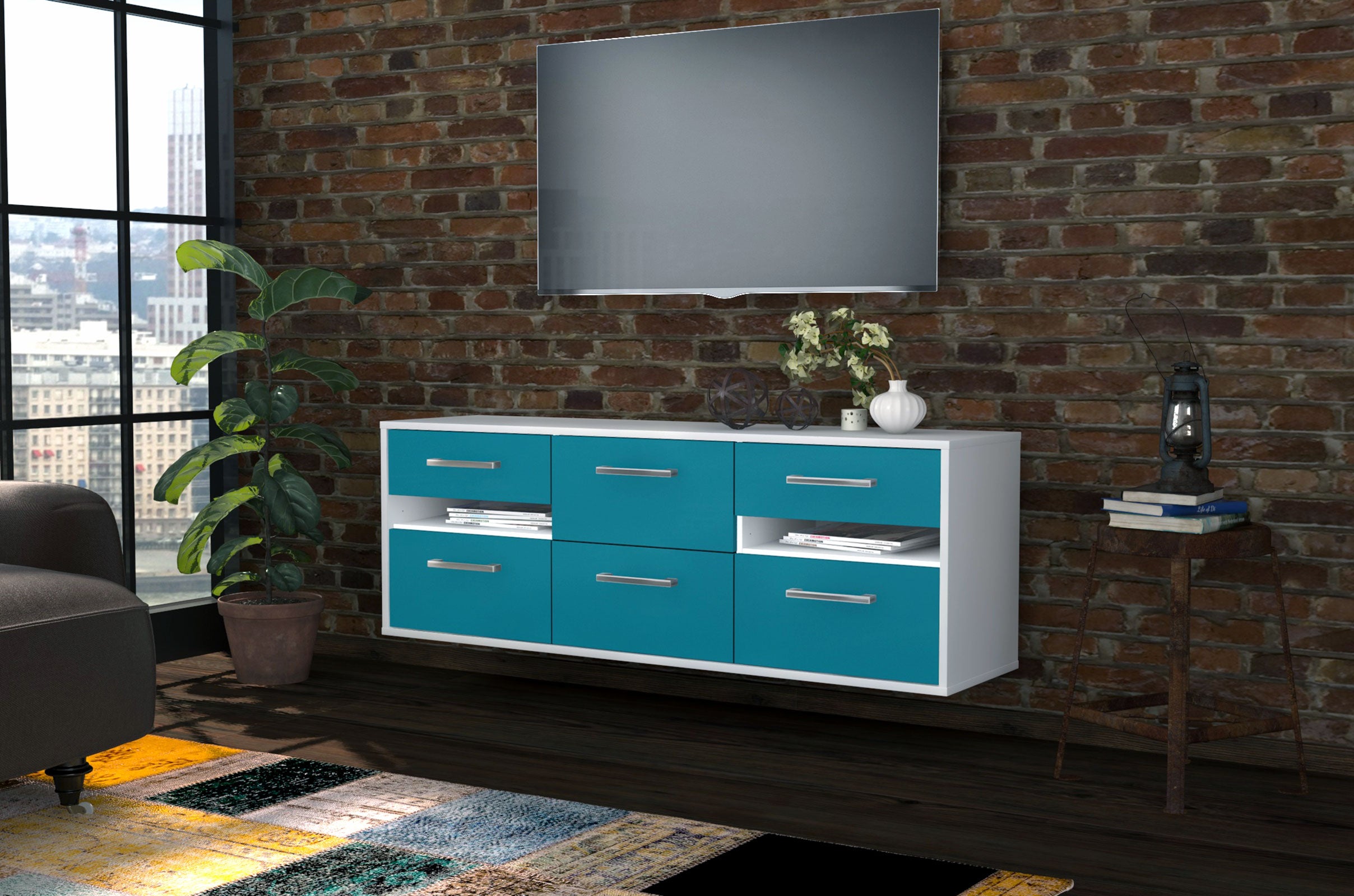 Lowboard - Andrea - Design Farbakzent - Wandmontage mit Griffe 136 cm Weiss