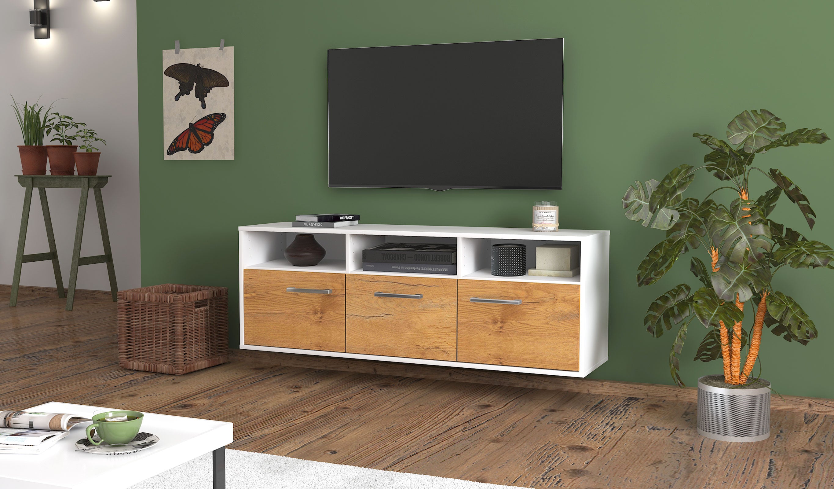 Lowboard - Andrina - Design Holzdekor - Wandmontage mit Griffe 136 cm Weiss