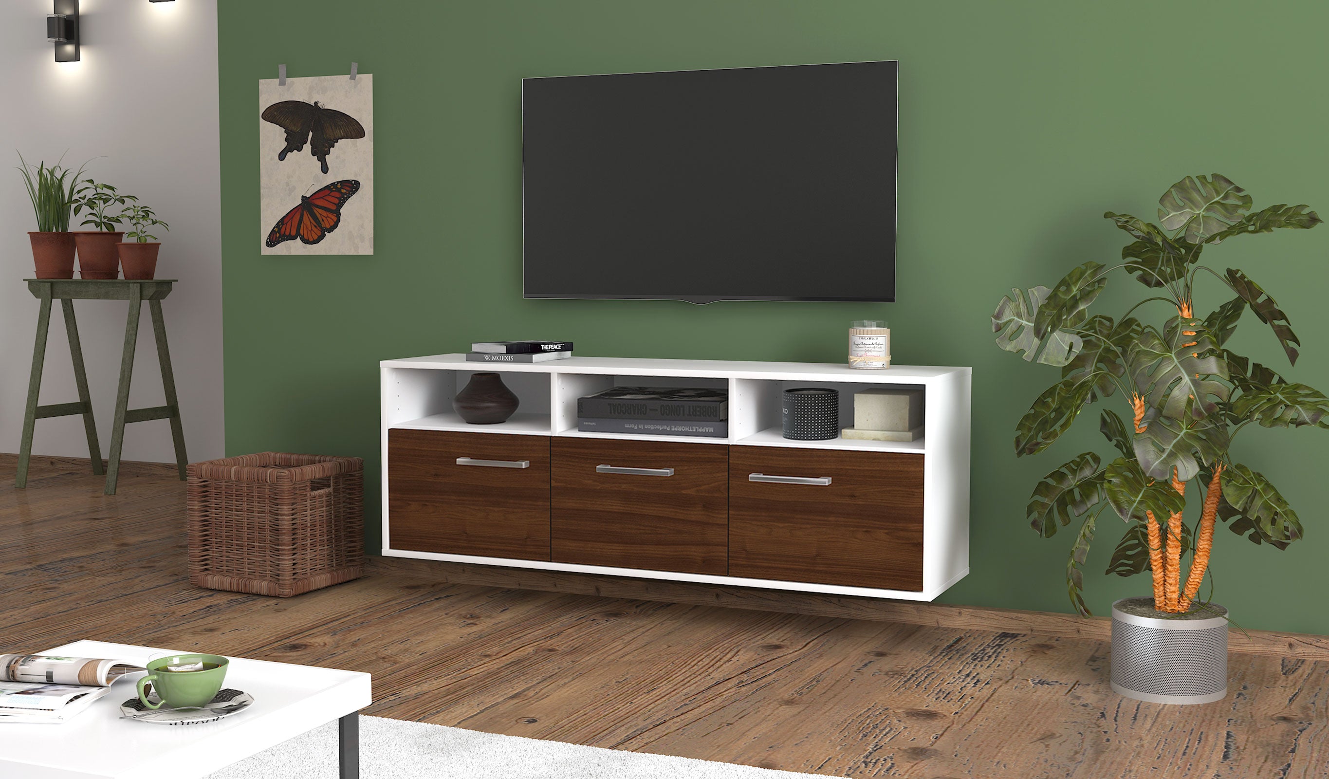 Lowboard - Andrina - Design Holzdekor - Wandmontage mit Griffe 136 cm Weiss