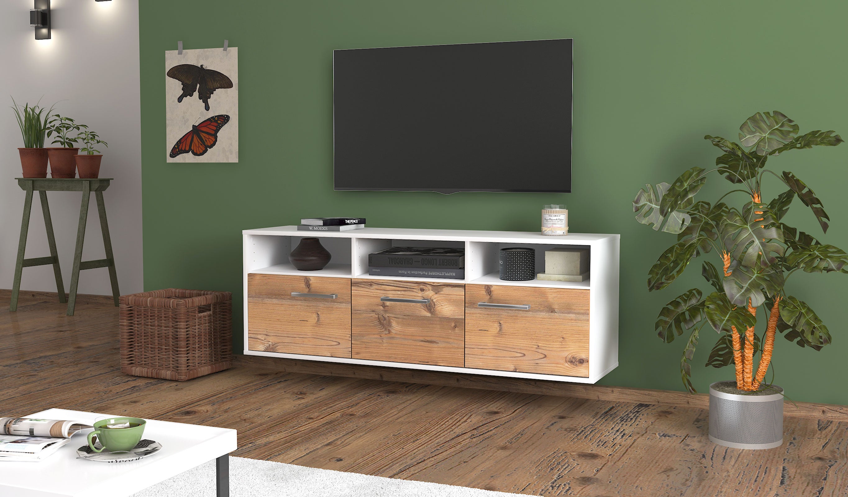 Lowboard - Andrina - Design Holzdekor - Wandmontage mit Griffe 136 cm Weiss