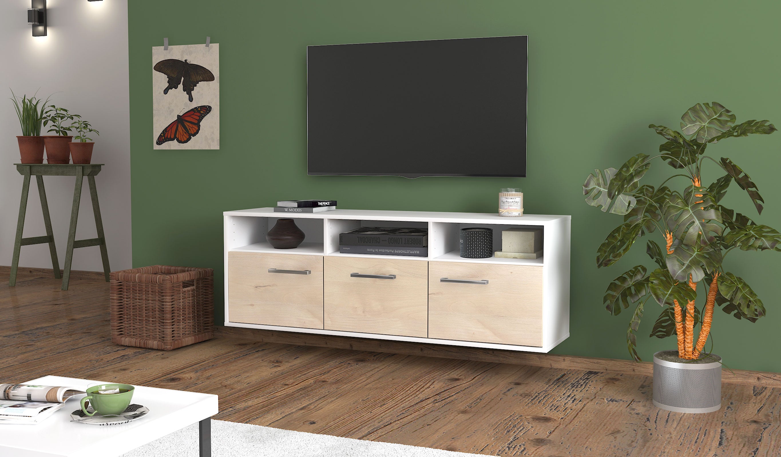 Lowboard - Andrina - Design Holzdekor - Wandmontage mit Griffe 136 cm Weiss