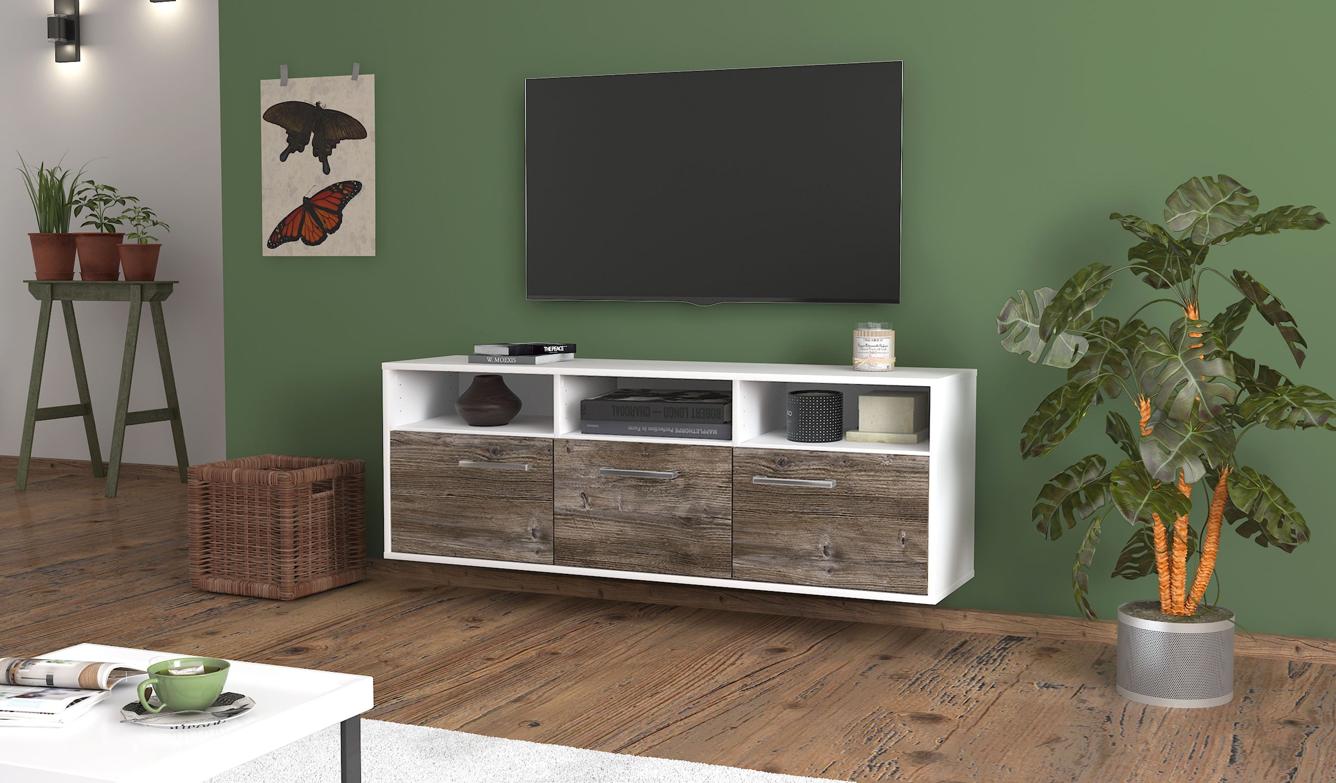 Lowboard - Andrina - Design Holzdekor - Wandmontage mit Griffe 136 cm Weiss