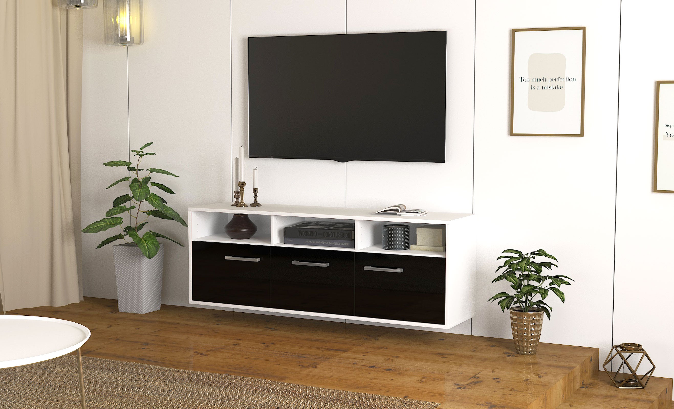 Lowboard - Andrina - Design Hochglanz - Wandmontage mit Griffe 136 cm Weiss