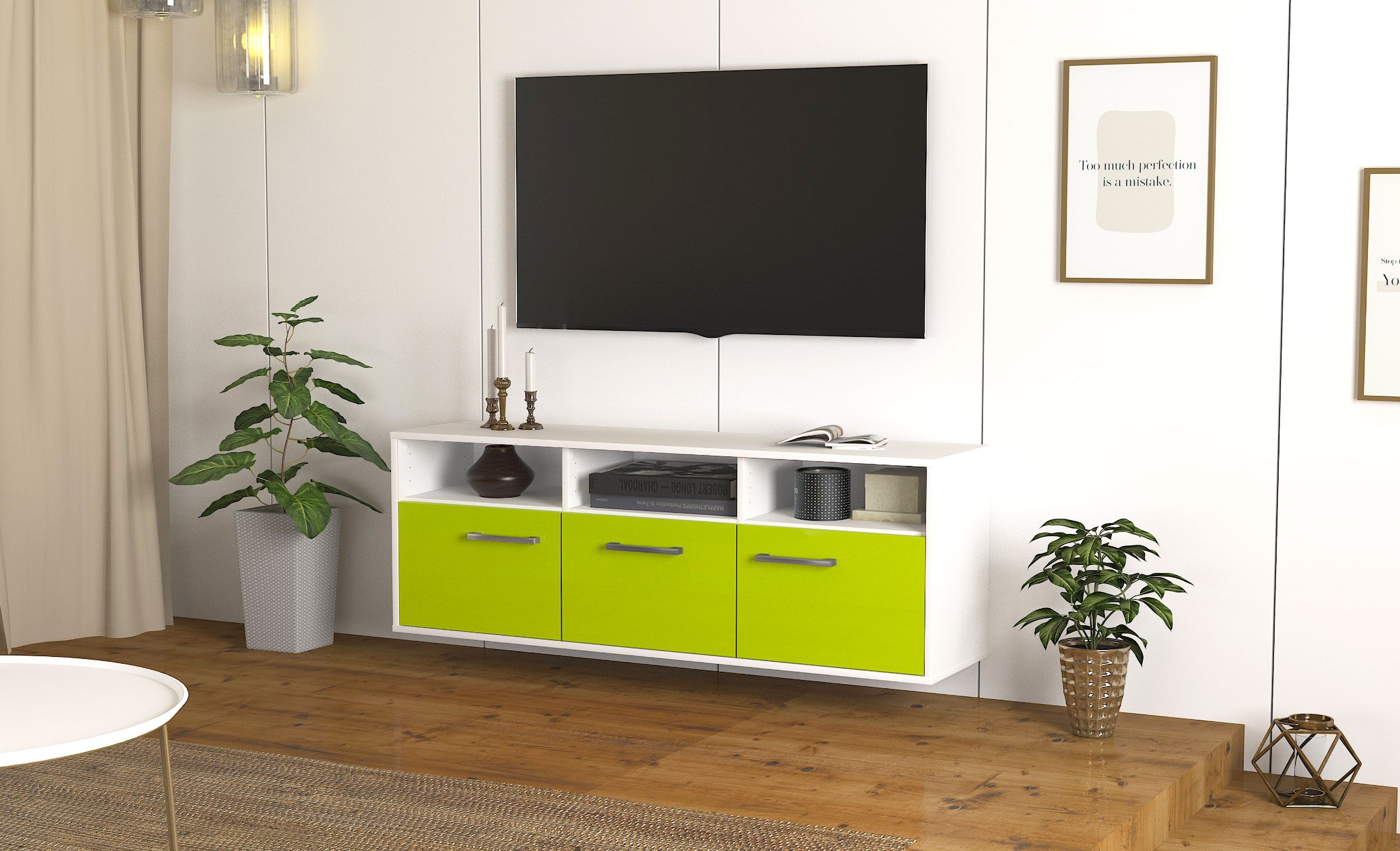 Lowboard - Andrina - Design Hochglanz - Wandmontage mit Griffe 136 cm Weiss