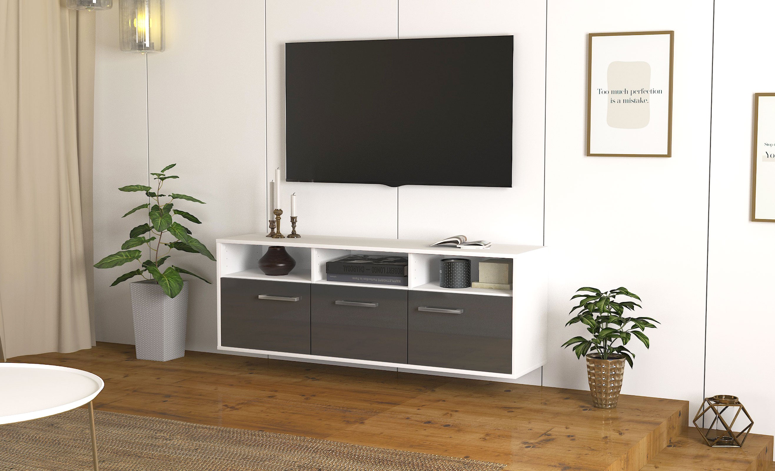 Lowboard - Andrina - Design Hochglanz - Wandmontage mit Griffe 136 cm Weiss