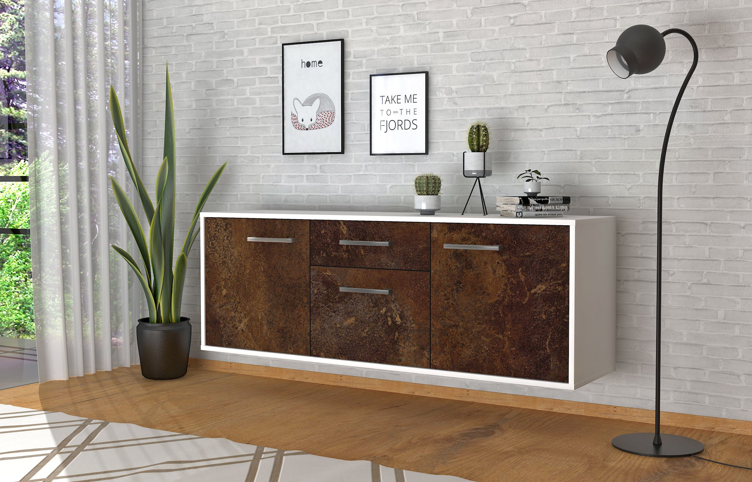 Lowboard - Anella - Design Industrie Stil - Wandmontage mit Griffe 136 cm Weiss