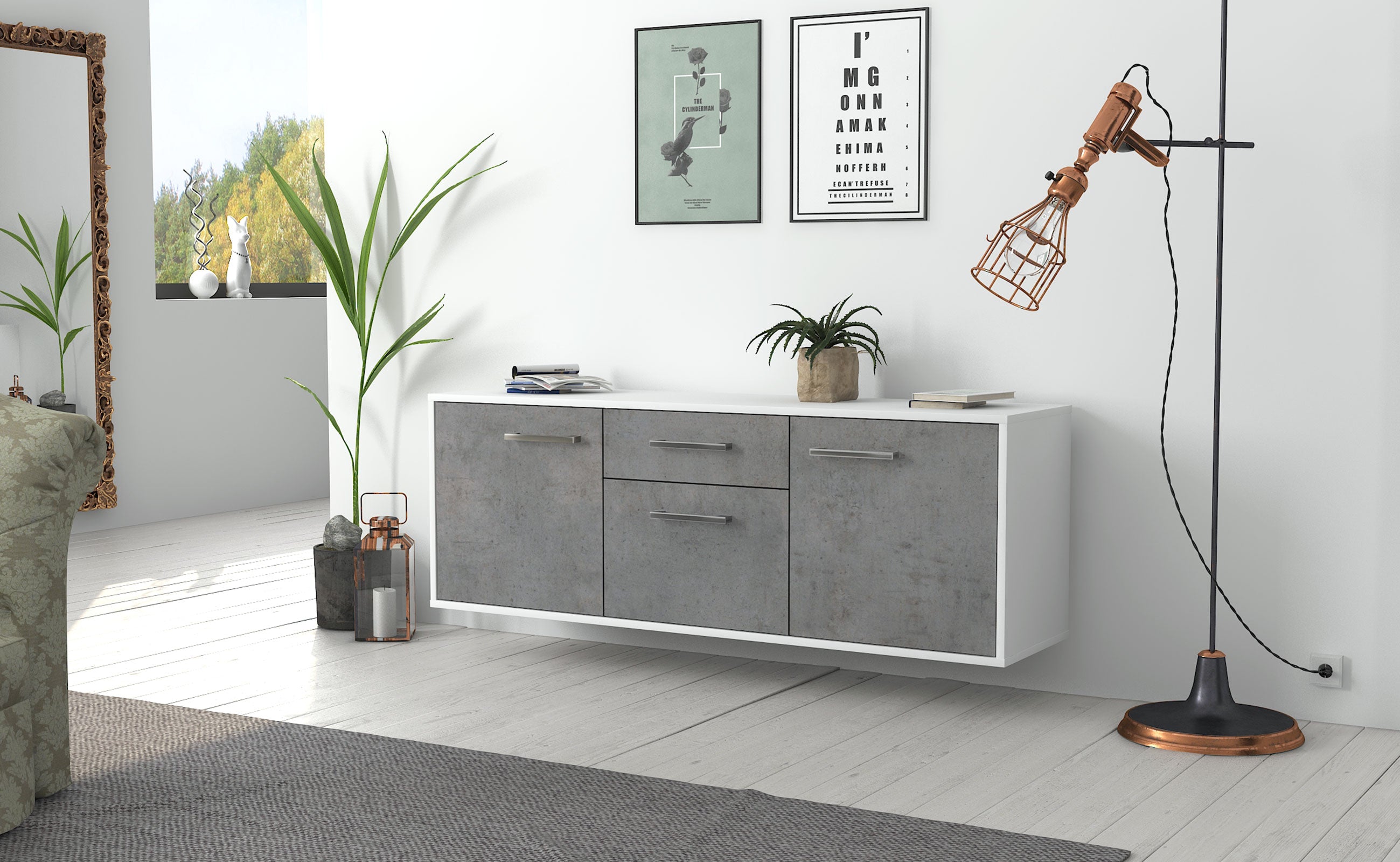 Lowboard - Anella - Design Industrie Stil - Wandmontage mit Griffe 136 cm Weiss