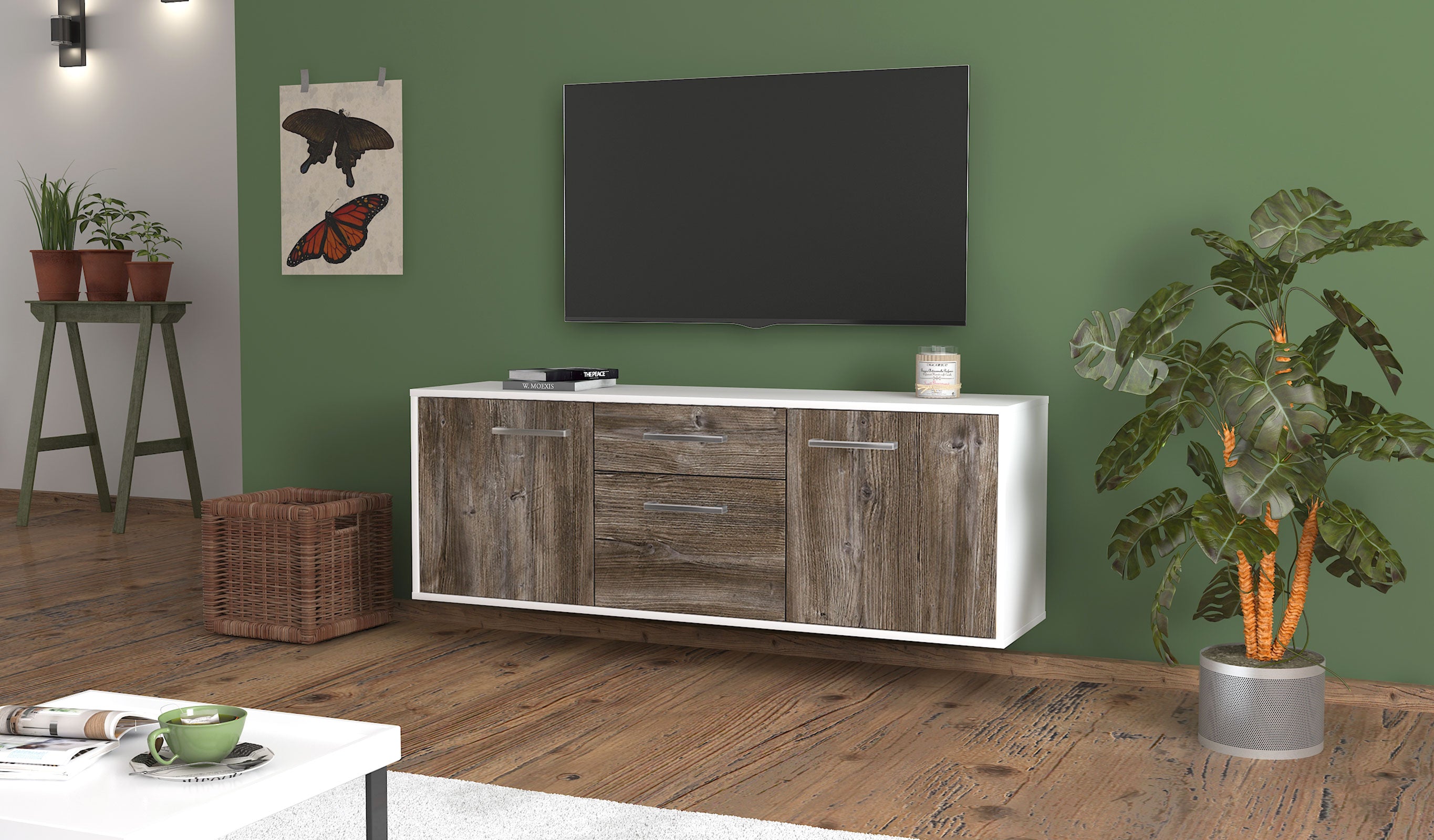 Lowboard - Anella - Design Holzdekor - Wandmontage mit Griffe 136 cm Weiss