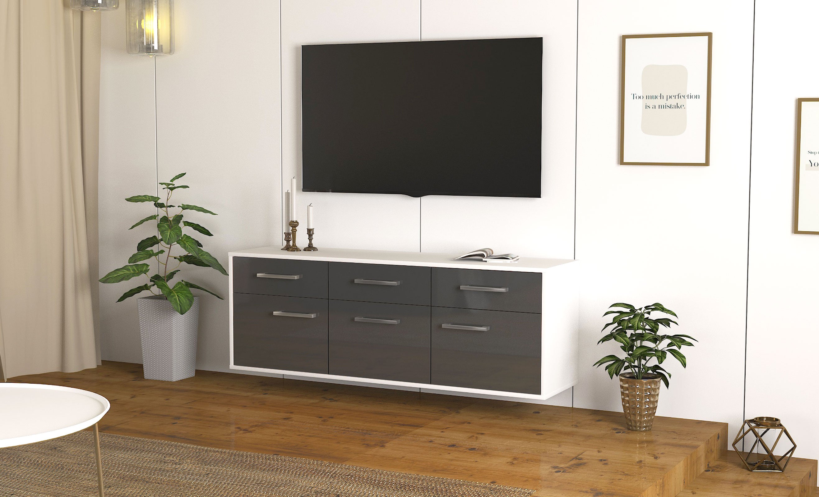 Lowboard - Angela - Design Hochglanz - Wandmontage mit Griffe 136 cm Weiss