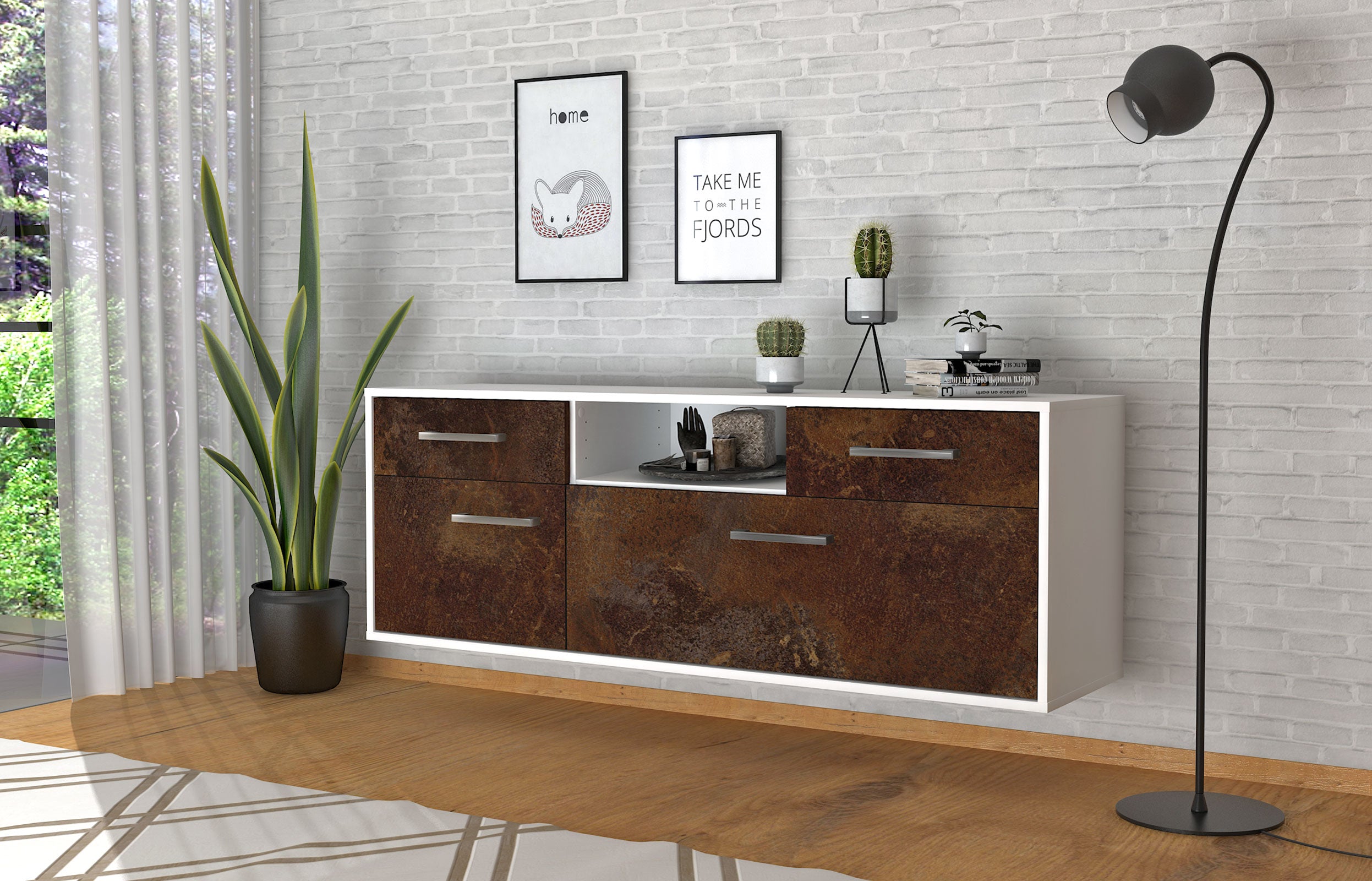 Lowboard - Anita - Design Industrie Stil - Wandmontage mit Griffe 136 cm Weiss