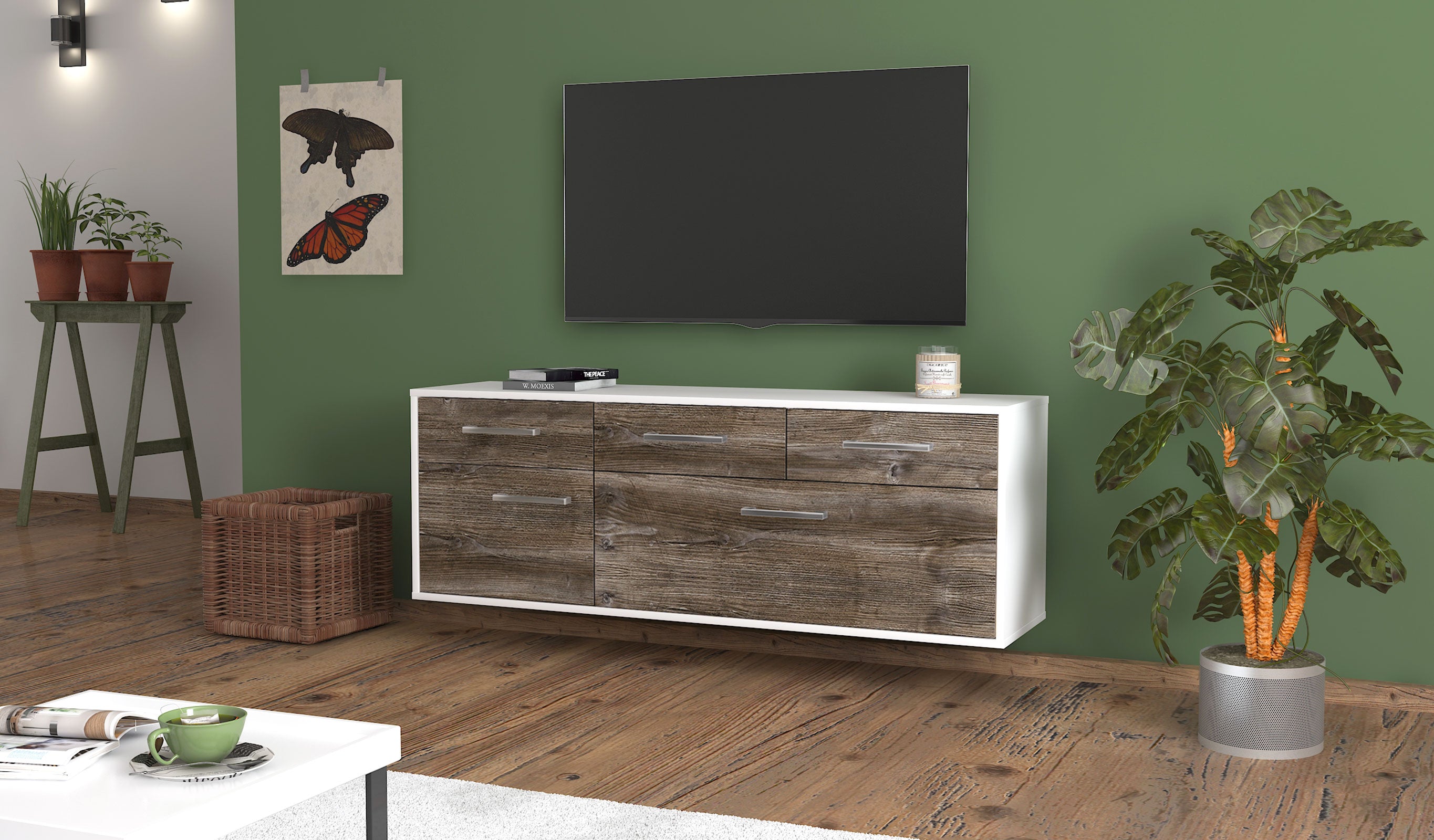 Lowboard - Anjelika - Design Holzdekor - Wandmontage mit Griffe 136 cm Weiss