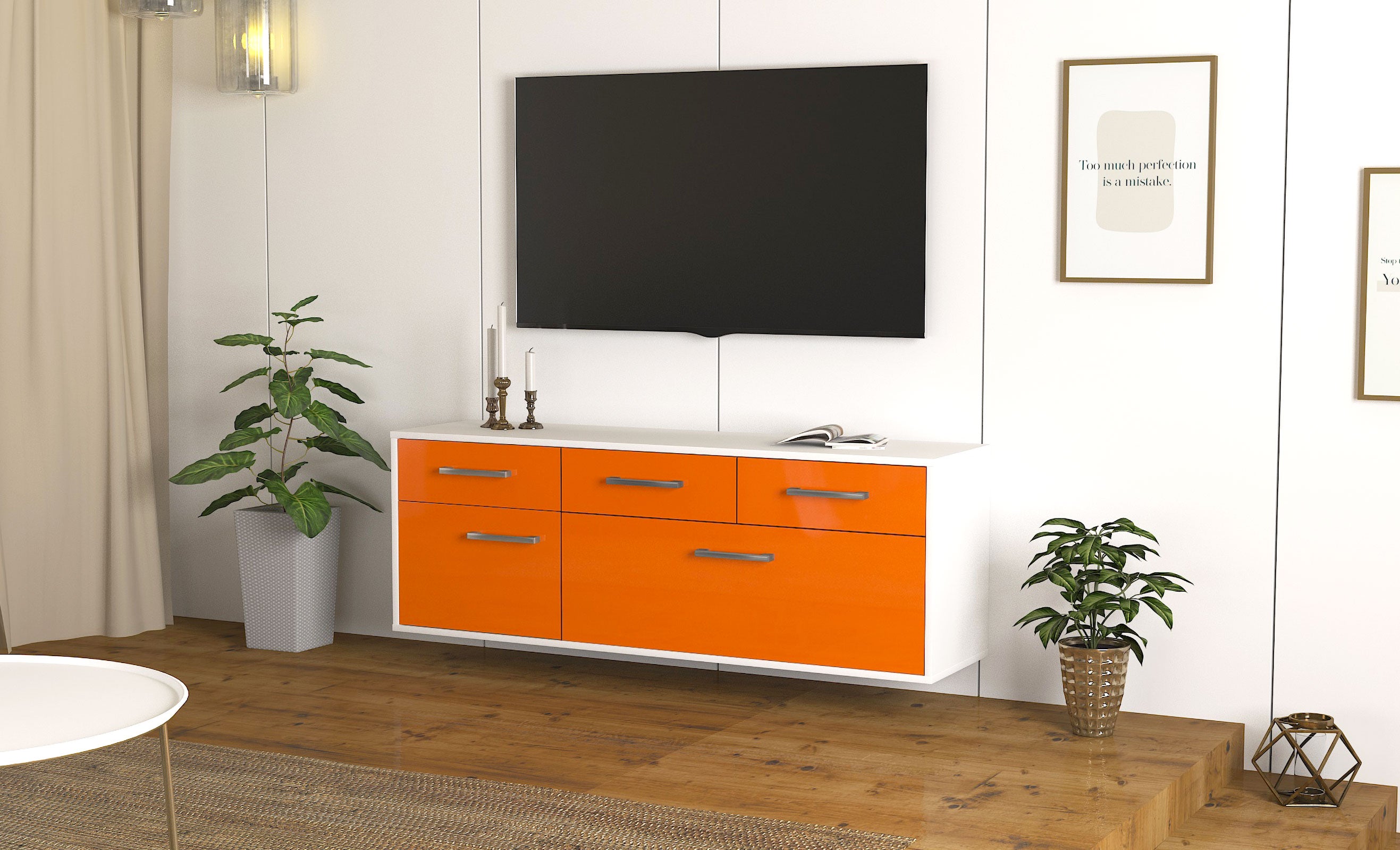 Lowboard - Anjelika - Design Hochglanz - Wandmontage mit Griffe 136 cm Weiss