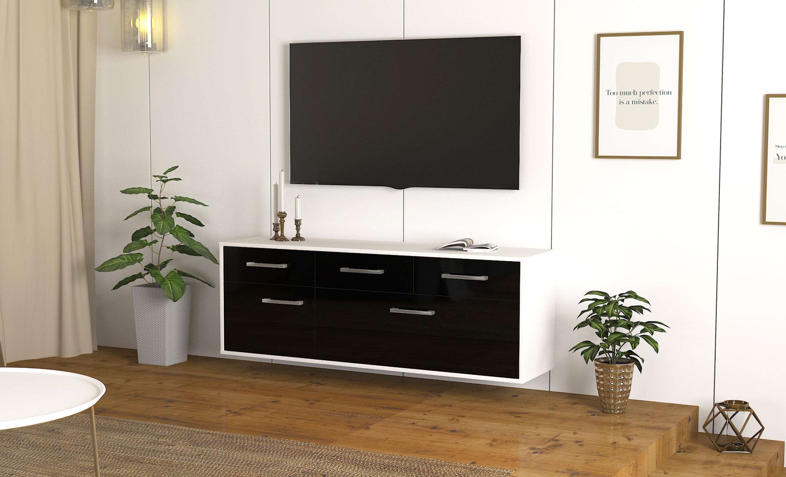 Lowboard - Anjelika - Design Hochglanz - Wandmontage mit Griffe 136 cm Weiss