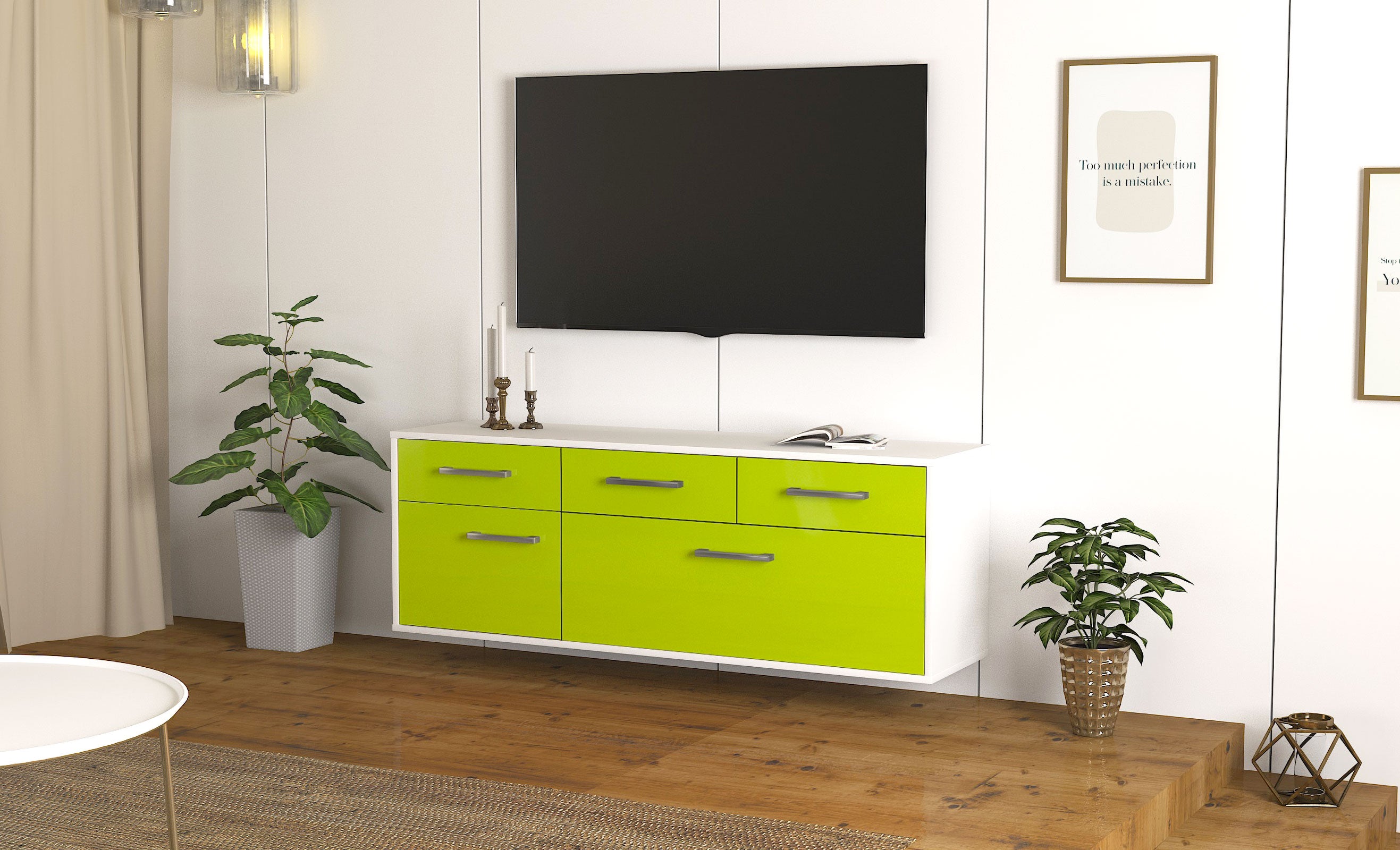 Lowboard - Anjelika - Design Hochglanz - Wandmontage mit Griffe 136 cm Weiss