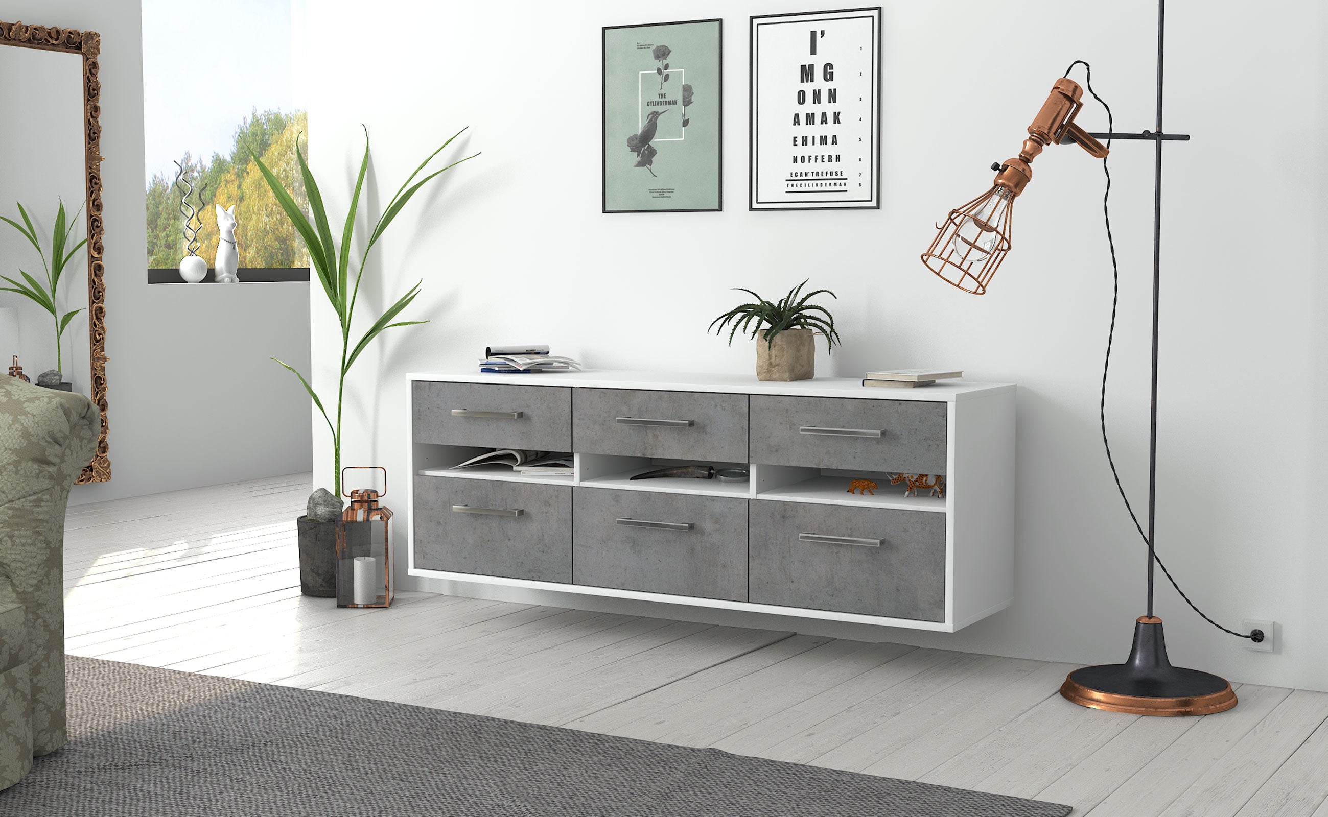 Lowboard - Annalena - Design Industrie Stil - Wandmontage mit Griffe 136 cm Weiss
