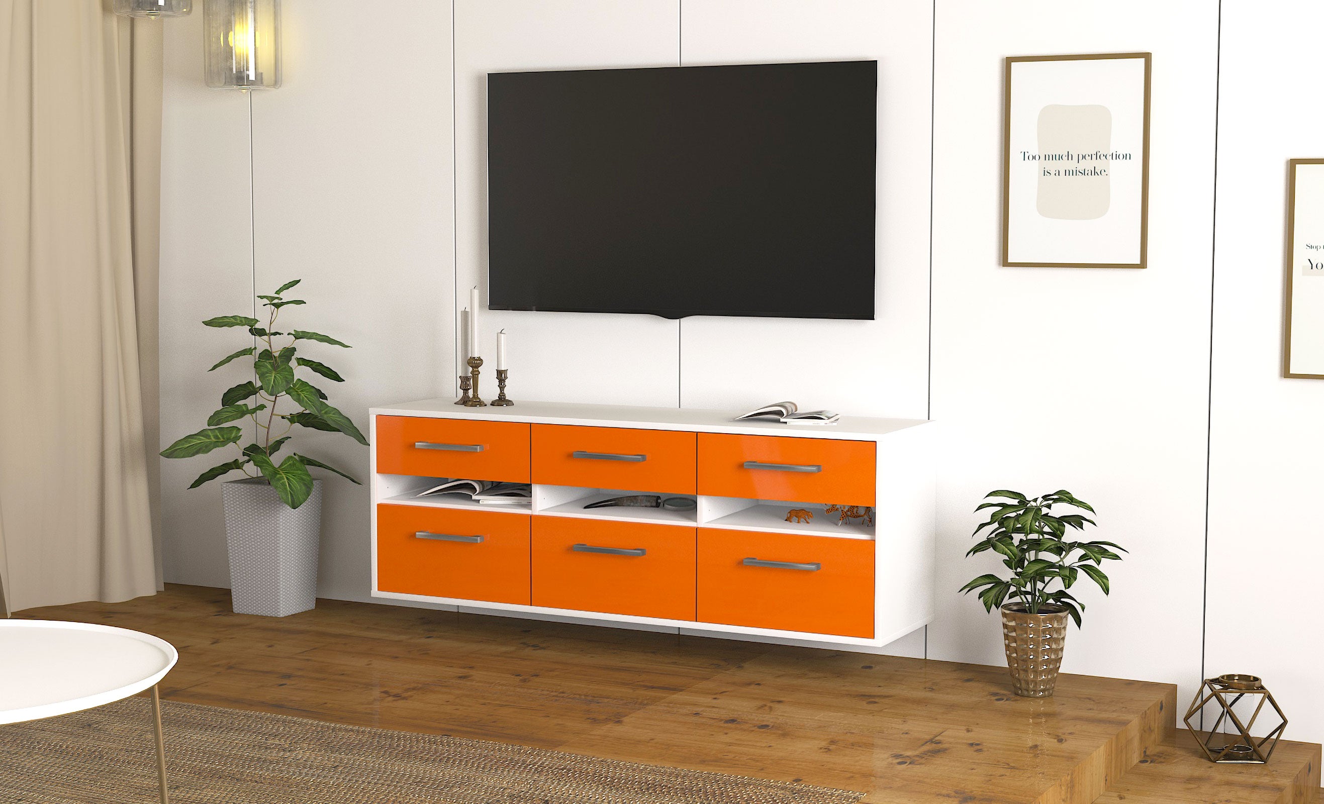 Lowboard - Annalena - Design Hochglanz - Wandmontage mit Griffe 136 cm Weiss