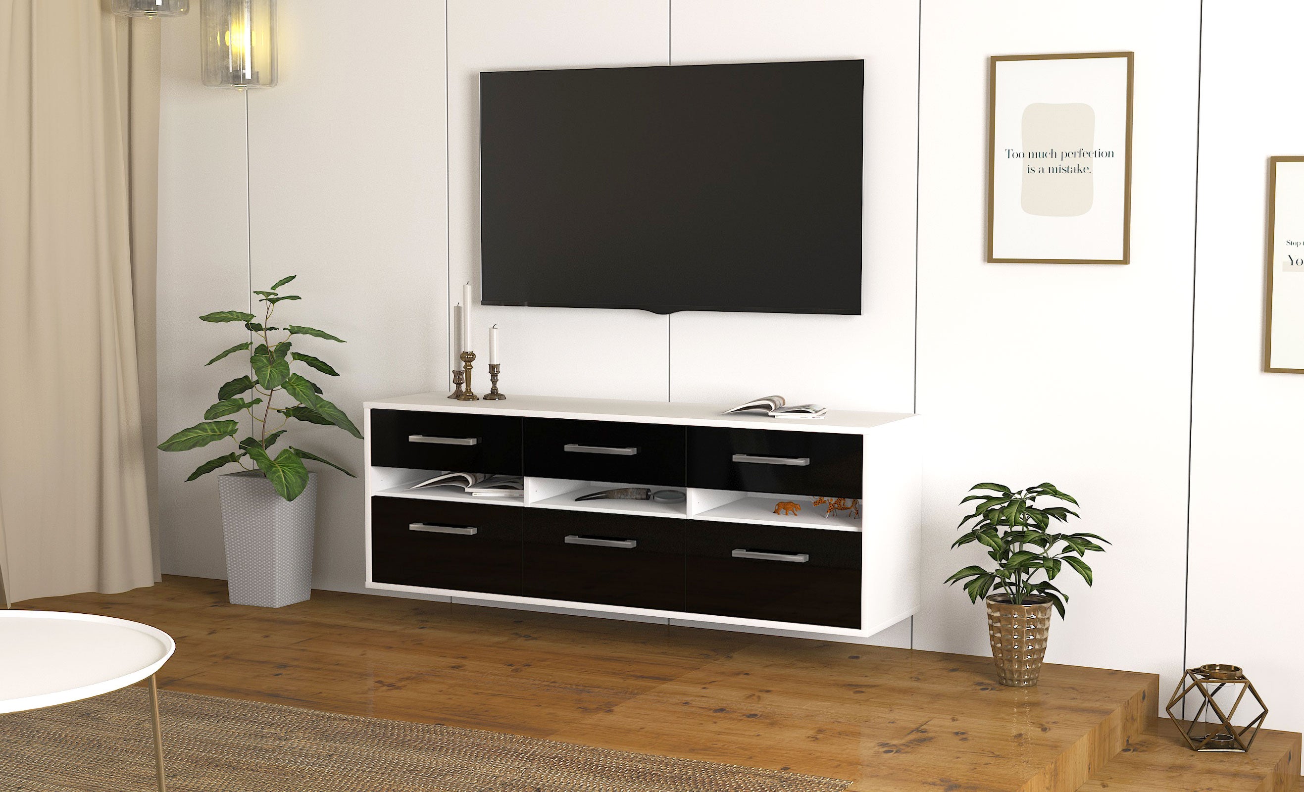 Lowboard - Annalena - Design Hochglanz - Wandmontage mit Griffe 136 cm Weiss