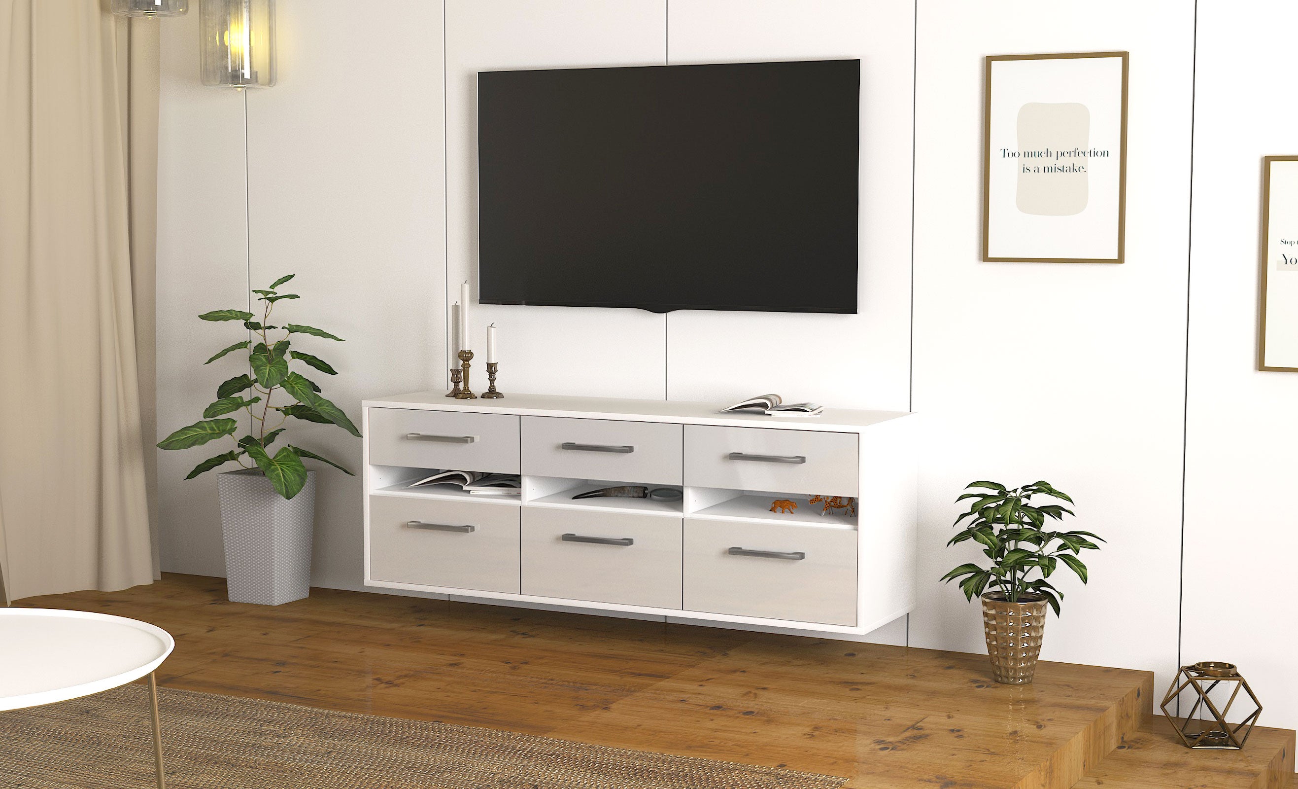 Lowboard - Annalena - Design Hochglanz - Wandmontage mit Griffe 136 cm Weiss