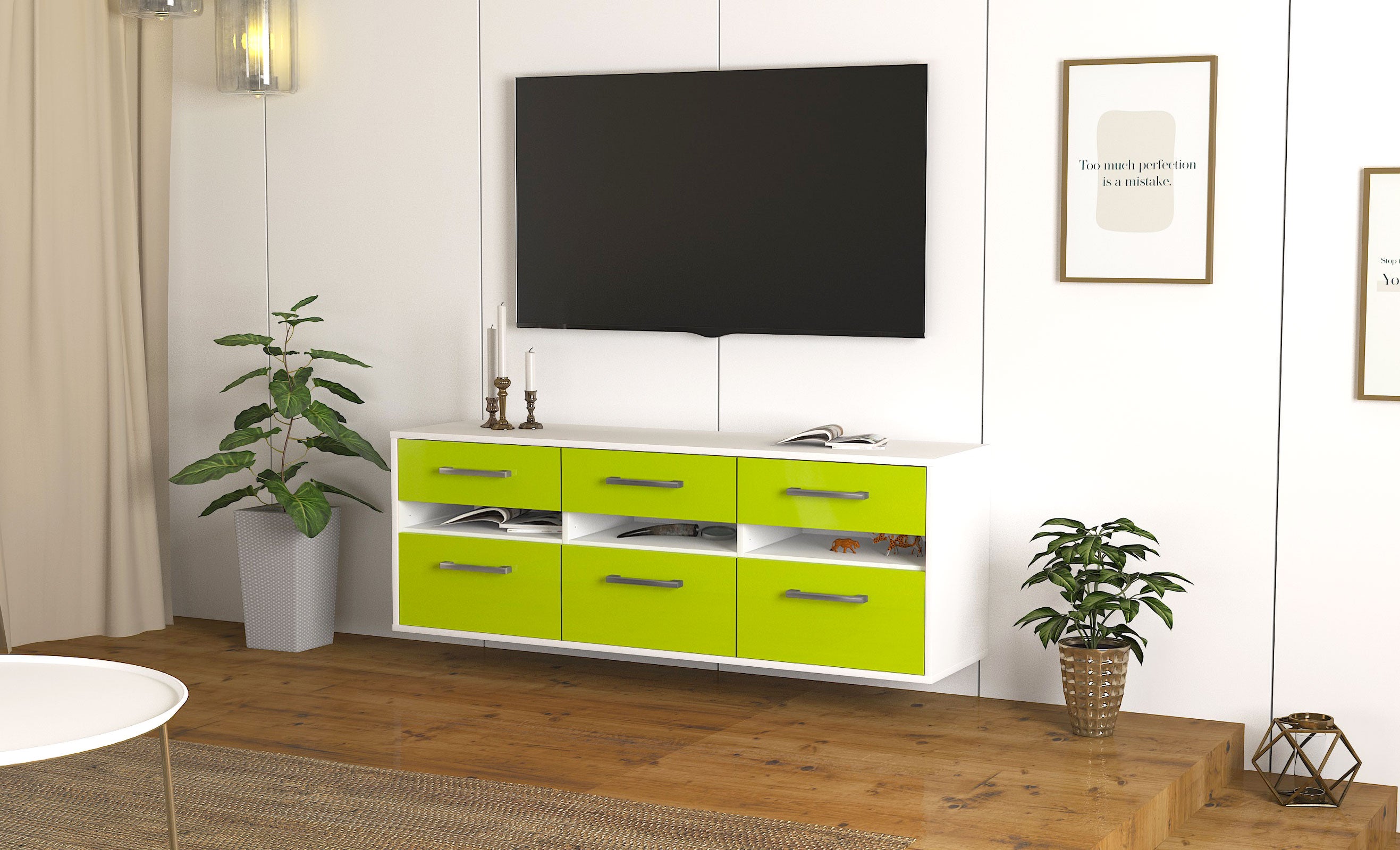 Lowboard - Annalena - Design Hochglanz - Wandmontage mit Griffe 136 cm Weiss