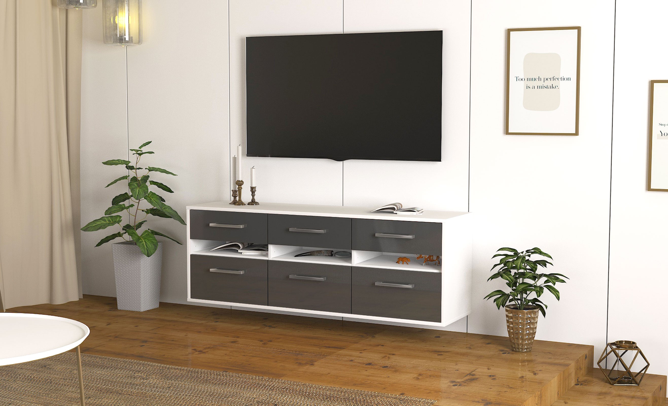 Lowboard - Annalena - Design Hochglanz - Wandmontage mit Griffe 136 cm Weiss