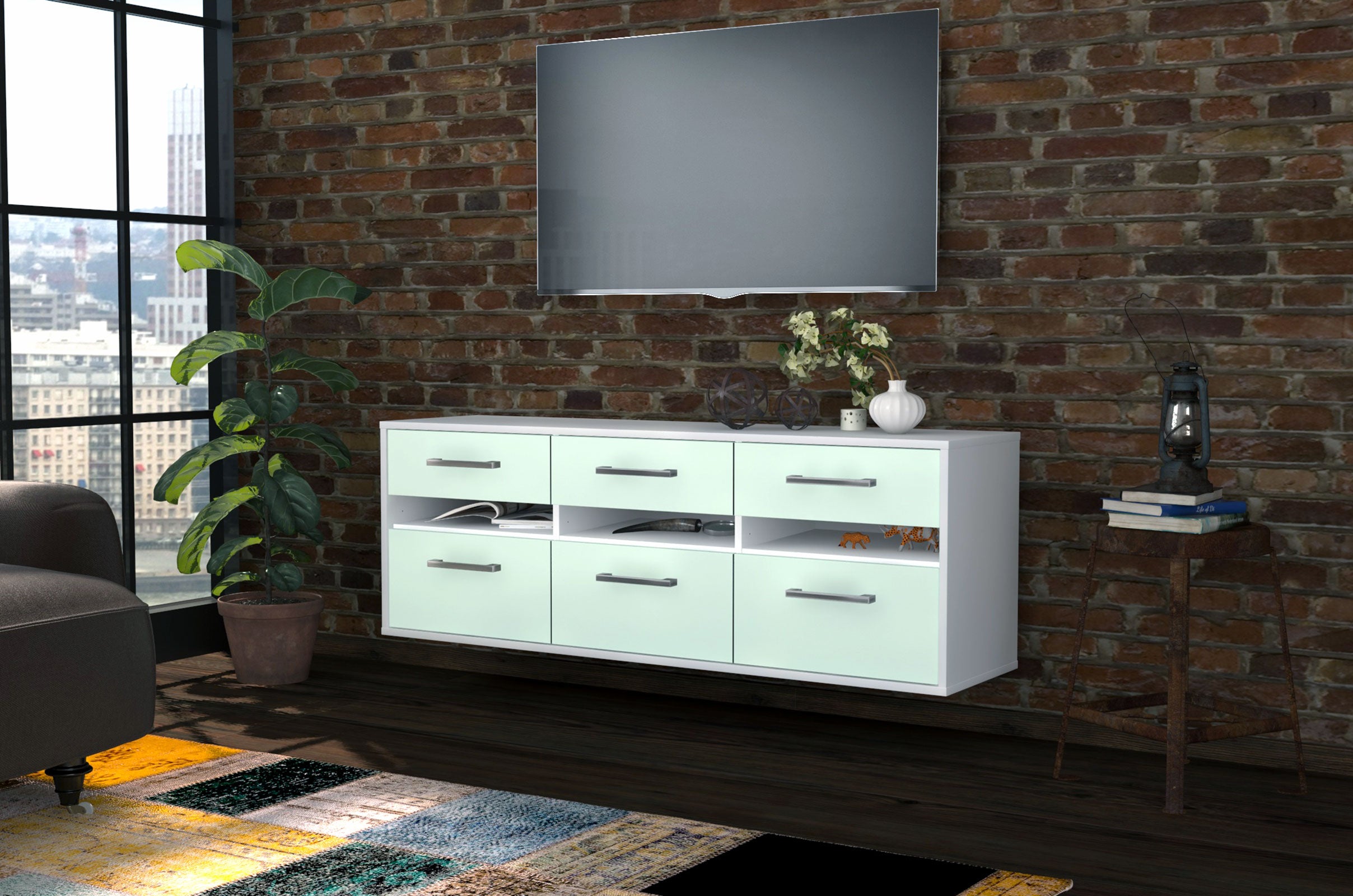 Lowboard - Annalena - Design Farbakzent - Wandmontage mit Griffe 136 cm Weiss