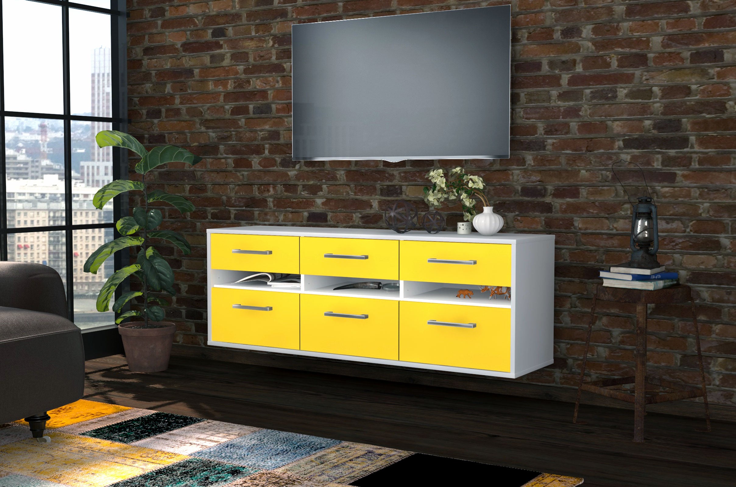 Lowboard - Annalena - Design Farbakzent - Wandmontage mit Griffe 136 cm Weiss