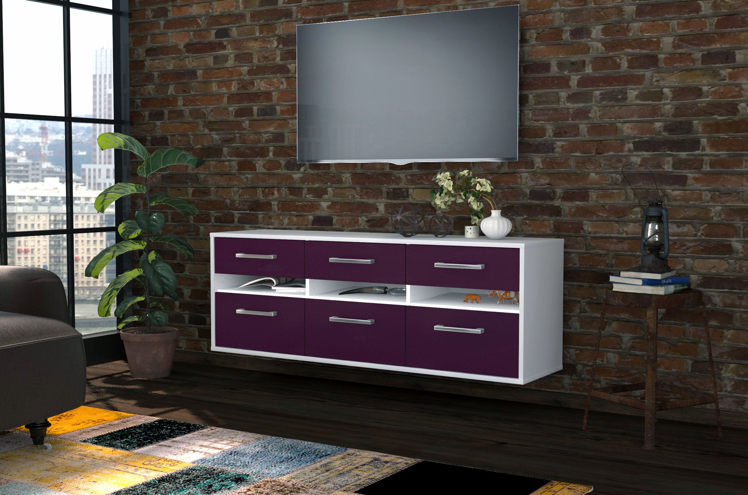 Lowboard - Annalena - Design Farbakzent - Wandmontage mit Griffe 136 cm Weiss
