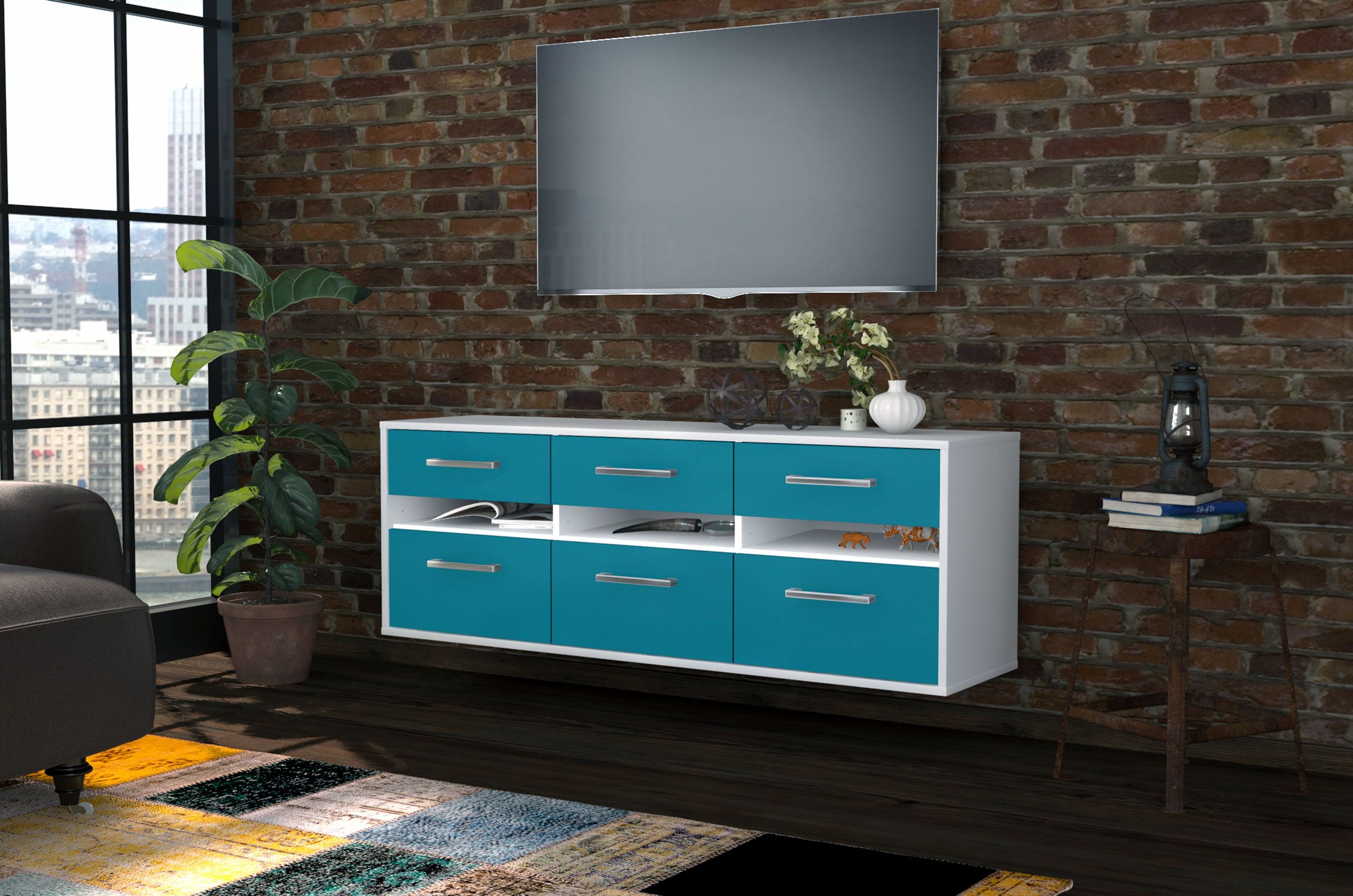 Lowboard - Annalena - Design Farbakzent - Wandmontage mit Griffe 136 cm Weiss