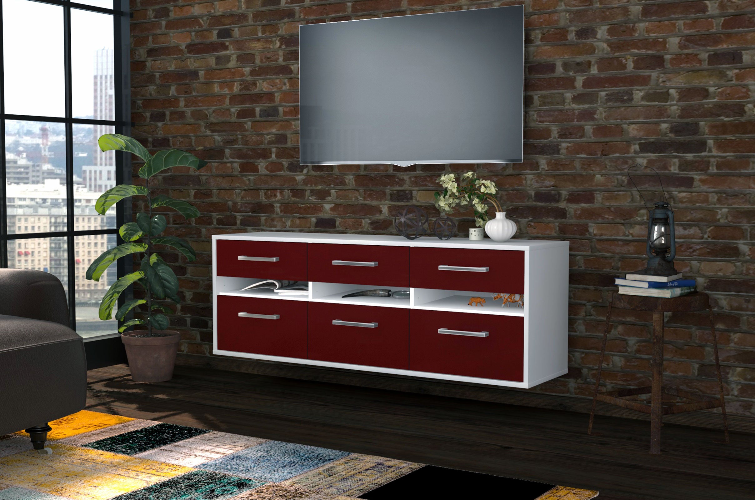 Lowboard - Annalena - Design Farbakzent - Wandmontage mit Griffe 136 cm Weiss