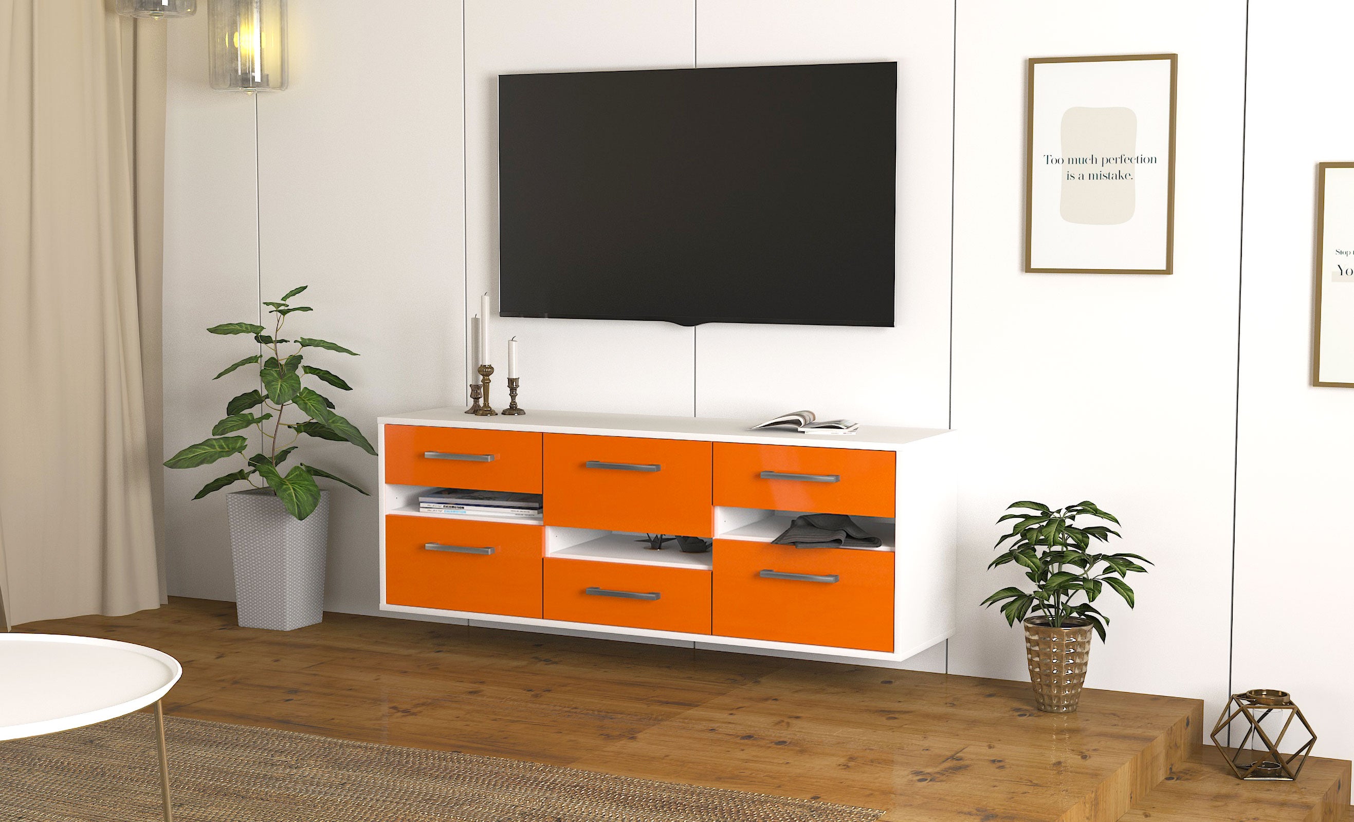 Lowboard - Annalisa - Design Hochglanz - Wandmontage mit Griffe 136 cm Weiss