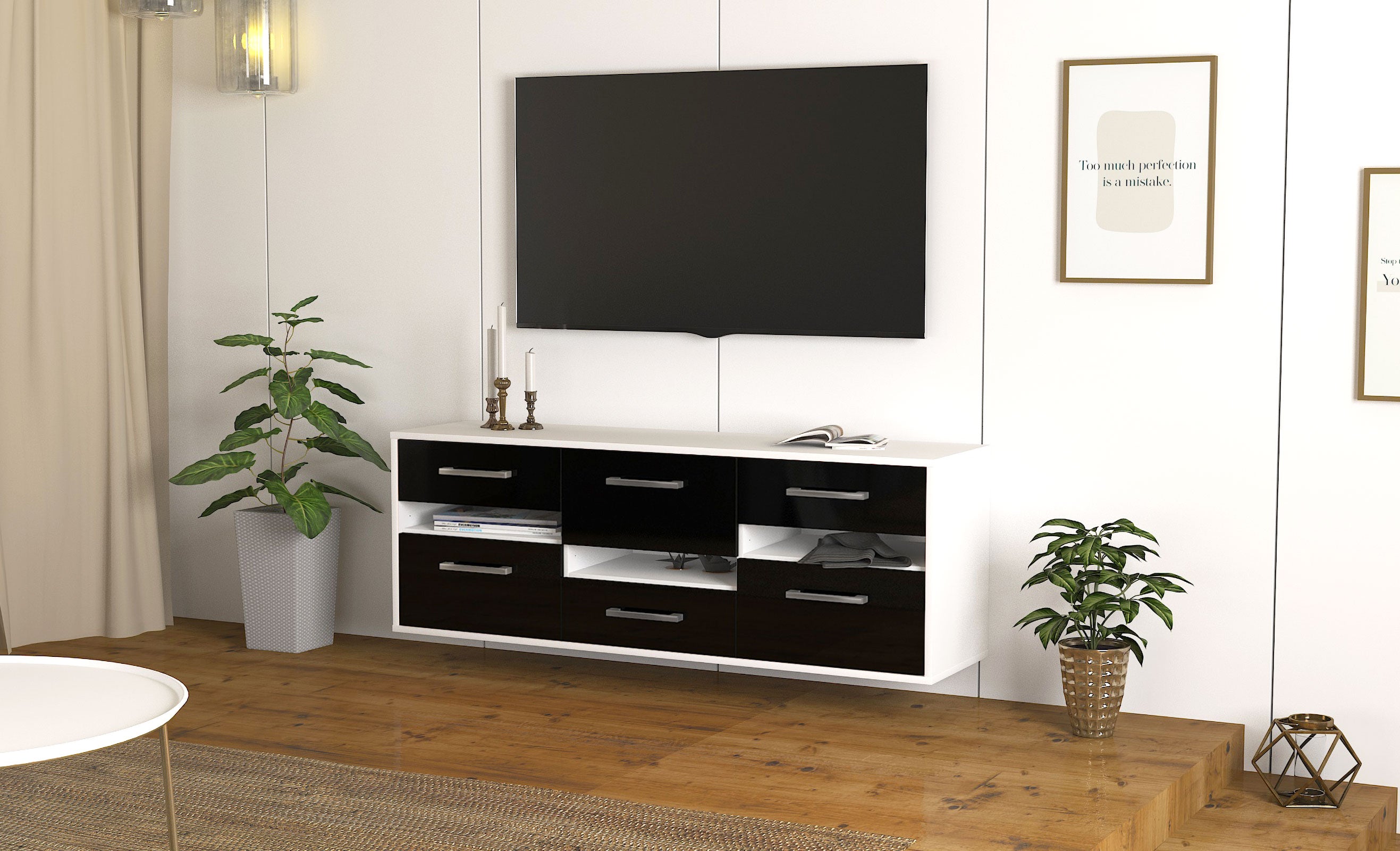 Lowboard - Annalisa - Design Hochglanz - Wandmontage mit Griffe 136 cm Weiss