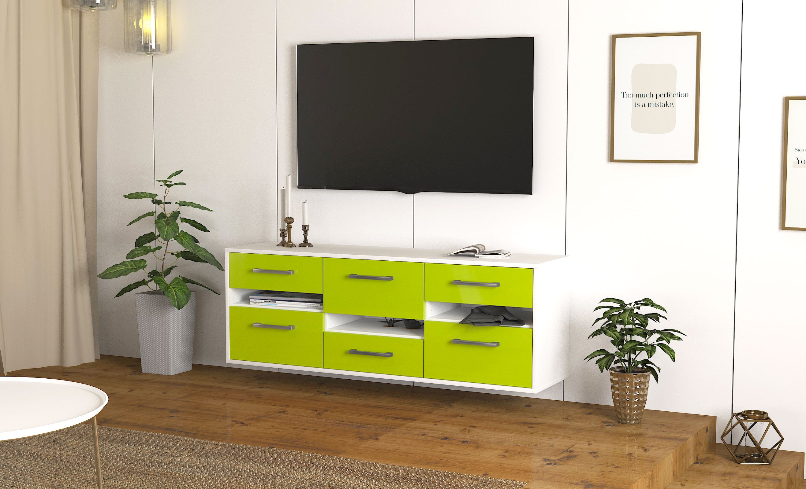 Lowboard - Annalisa - Design Hochglanz - Wandmontage mit Griffe 136 cm Weiss