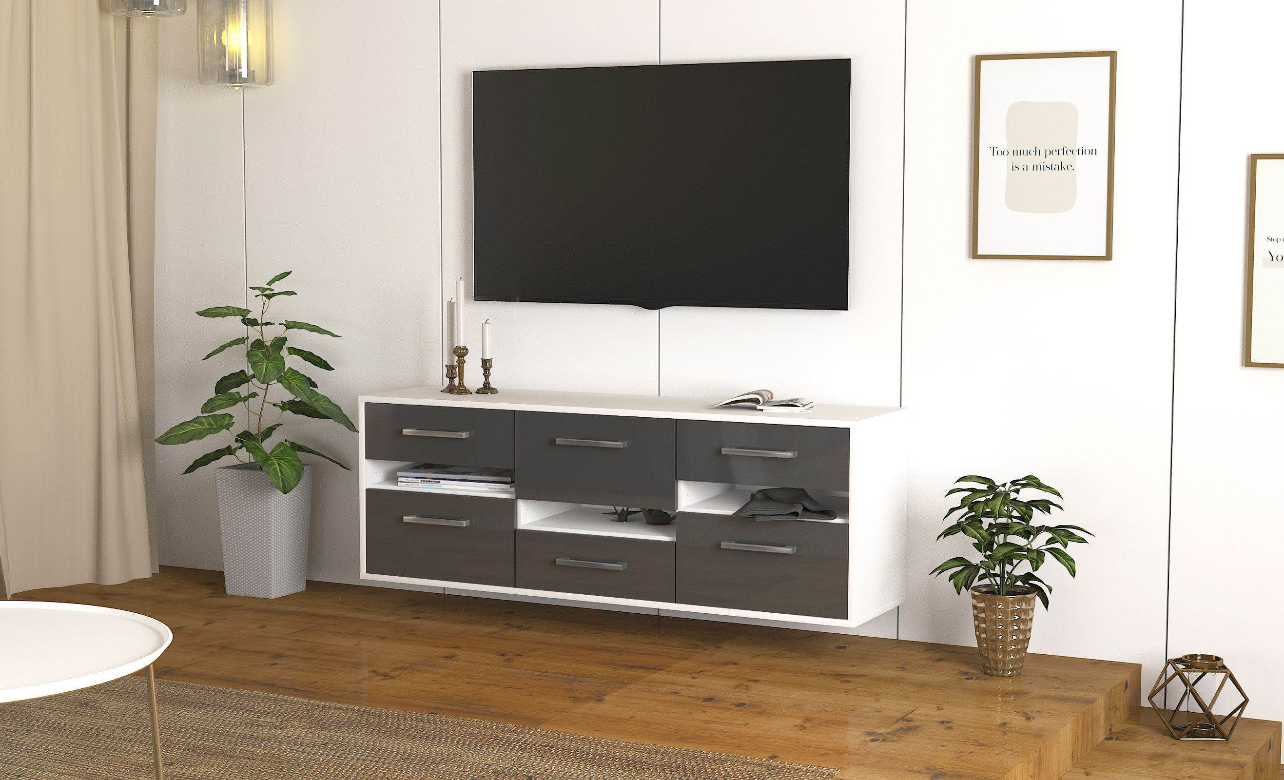 Lowboard - Annalisa - Design Hochglanz - Wandmontage mit Griffe 136 cm Weiss