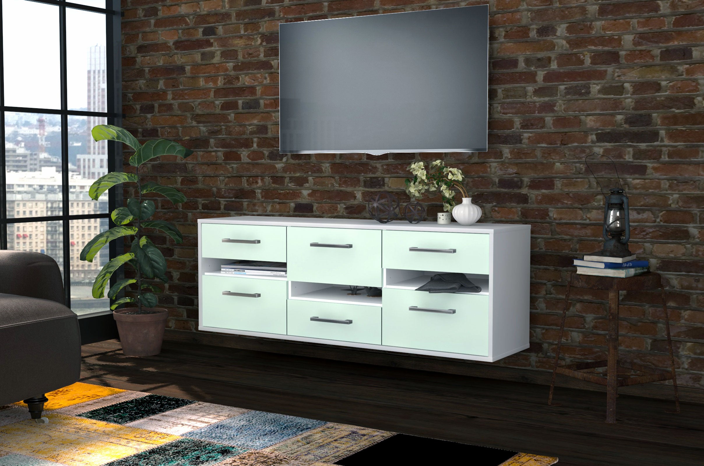 Lowboard - Annalisa - Design Farbakzent - Wandmontage mit Griffe 136 cm Weiss