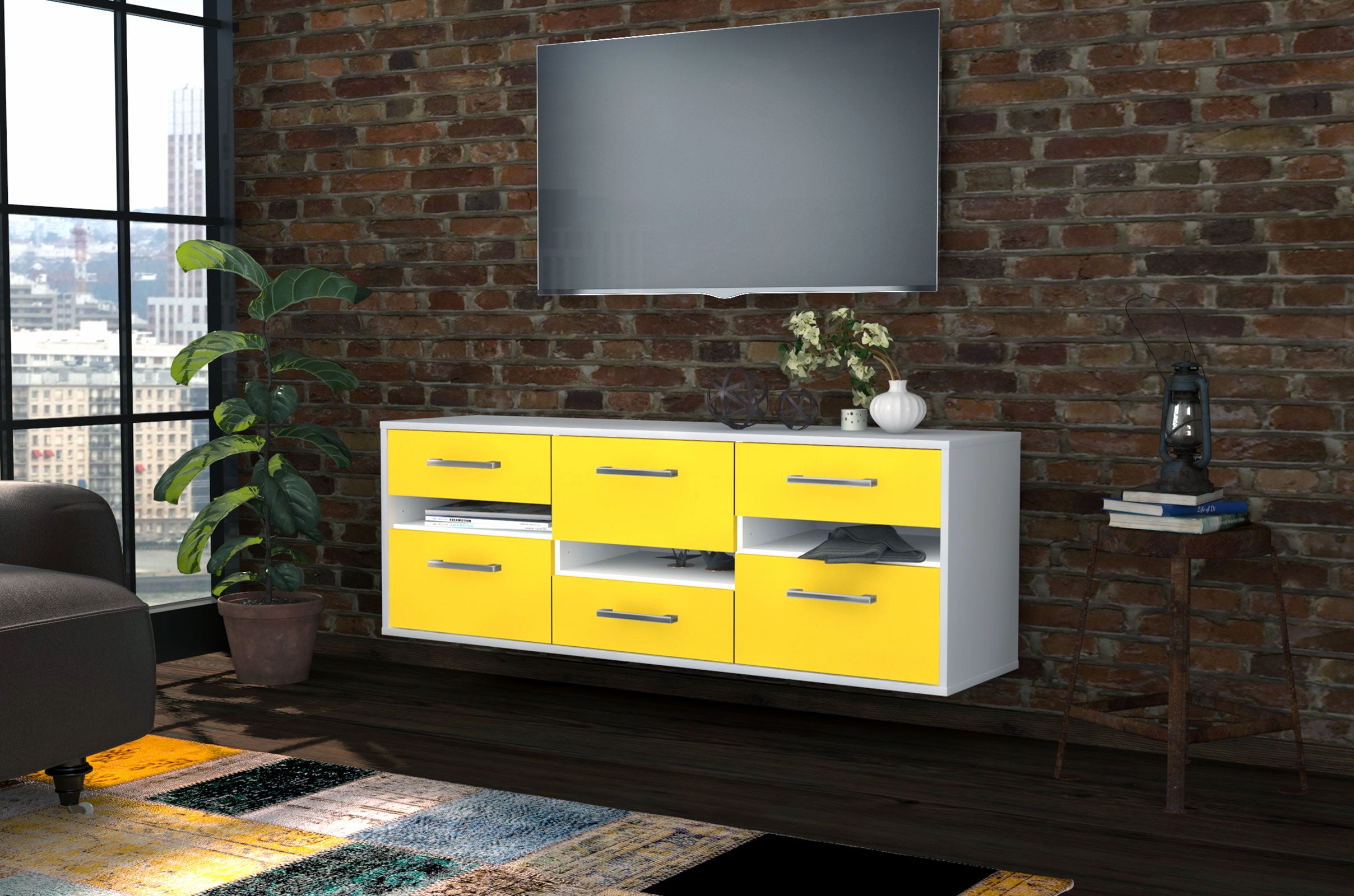 Lowboard - Annalisa - Design Farbakzent - Wandmontage mit Griffe 136 cm Weiss