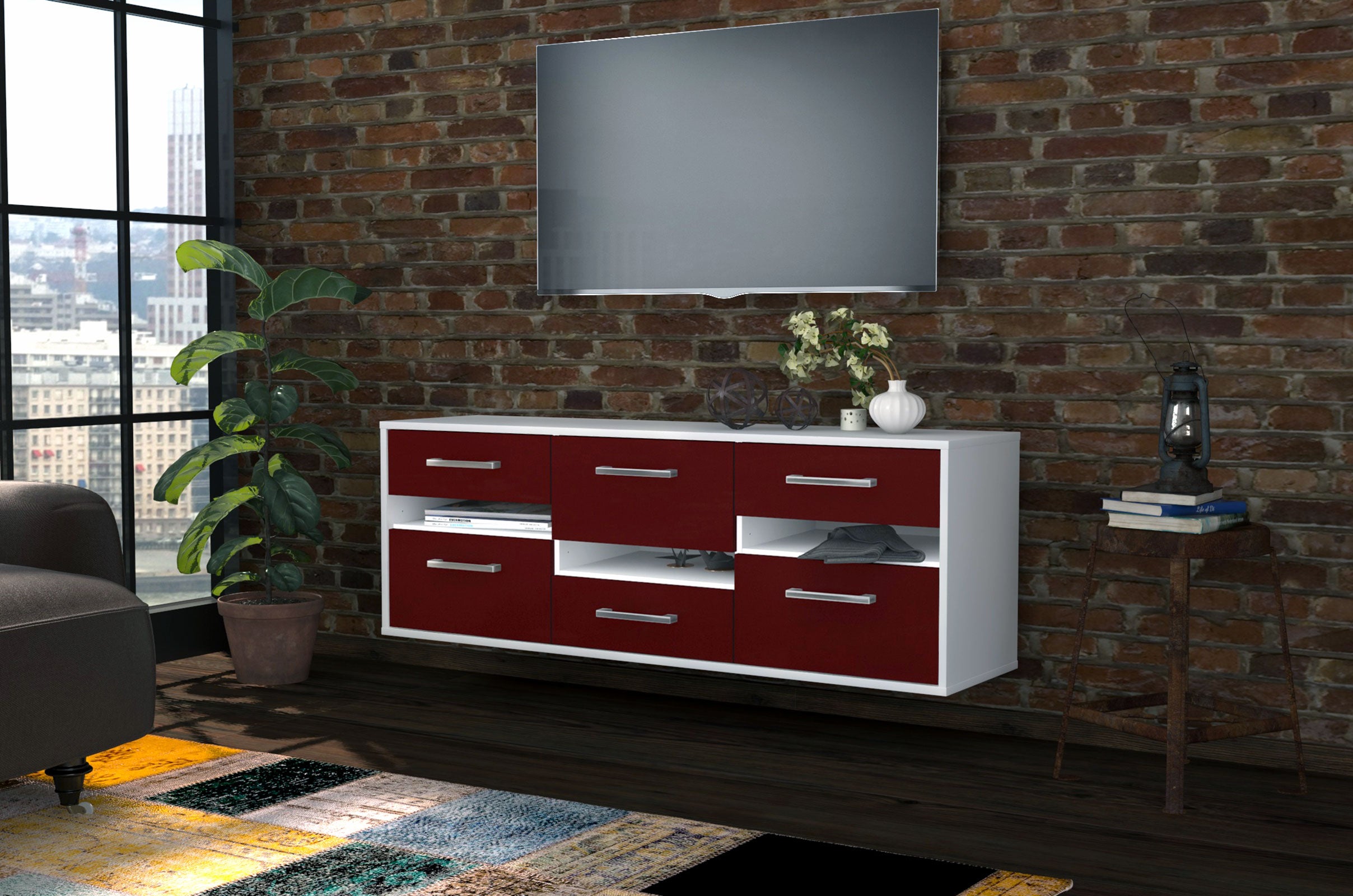 Lowboard - Annalisa - Design Farbakzent - Wandmontage mit Griffe 136 cm Weiss