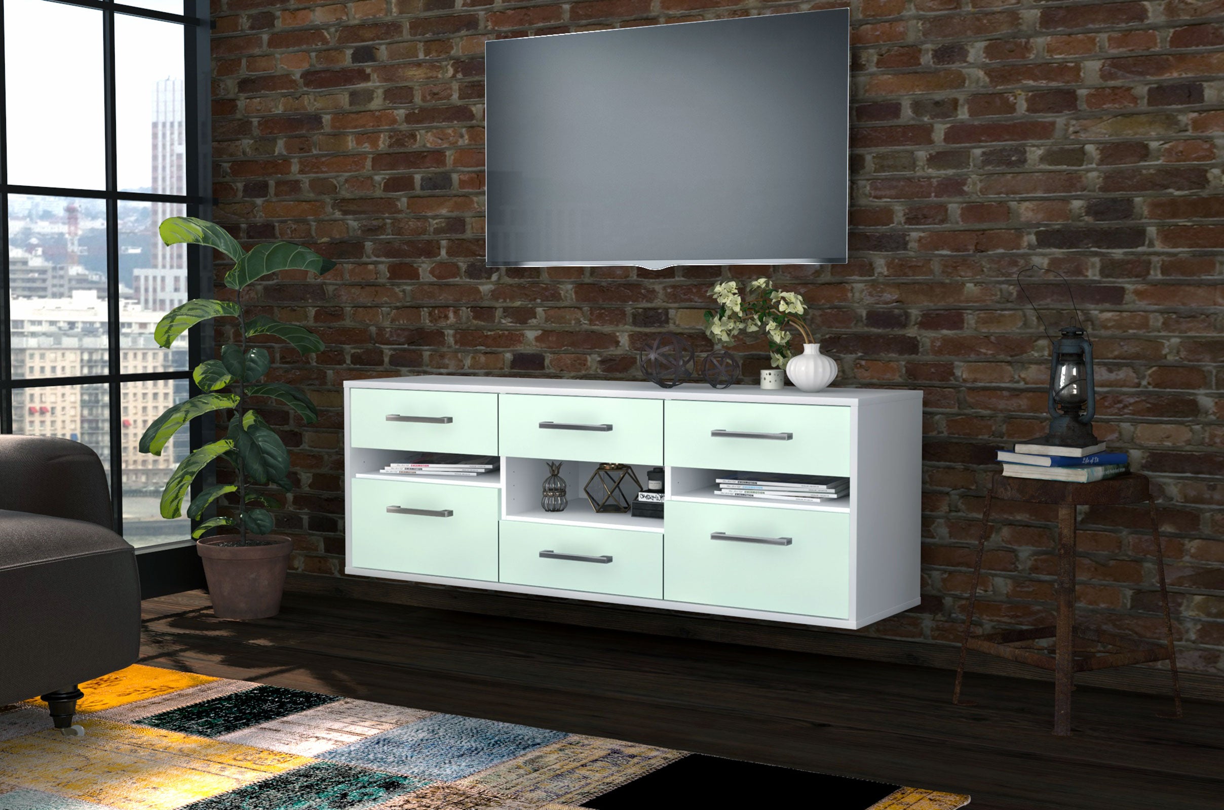 Lowboard - Annamaria - Design Farbakzent - Wandmontage mit Griffe 136 cm Weiss
