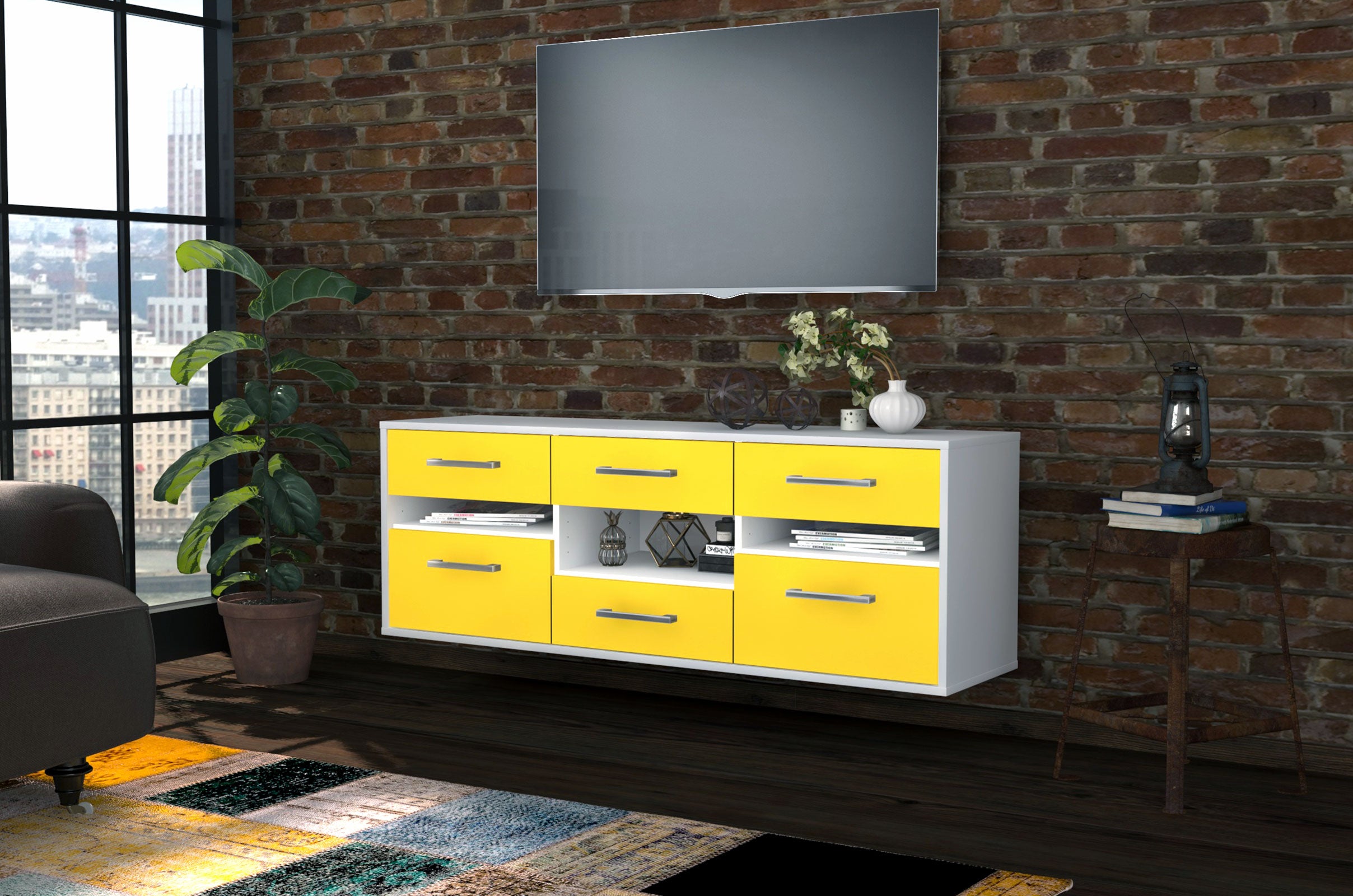 Lowboard - Annamaria - Design Farbakzent - Wandmontage mit Griffe 136 cm Weiss