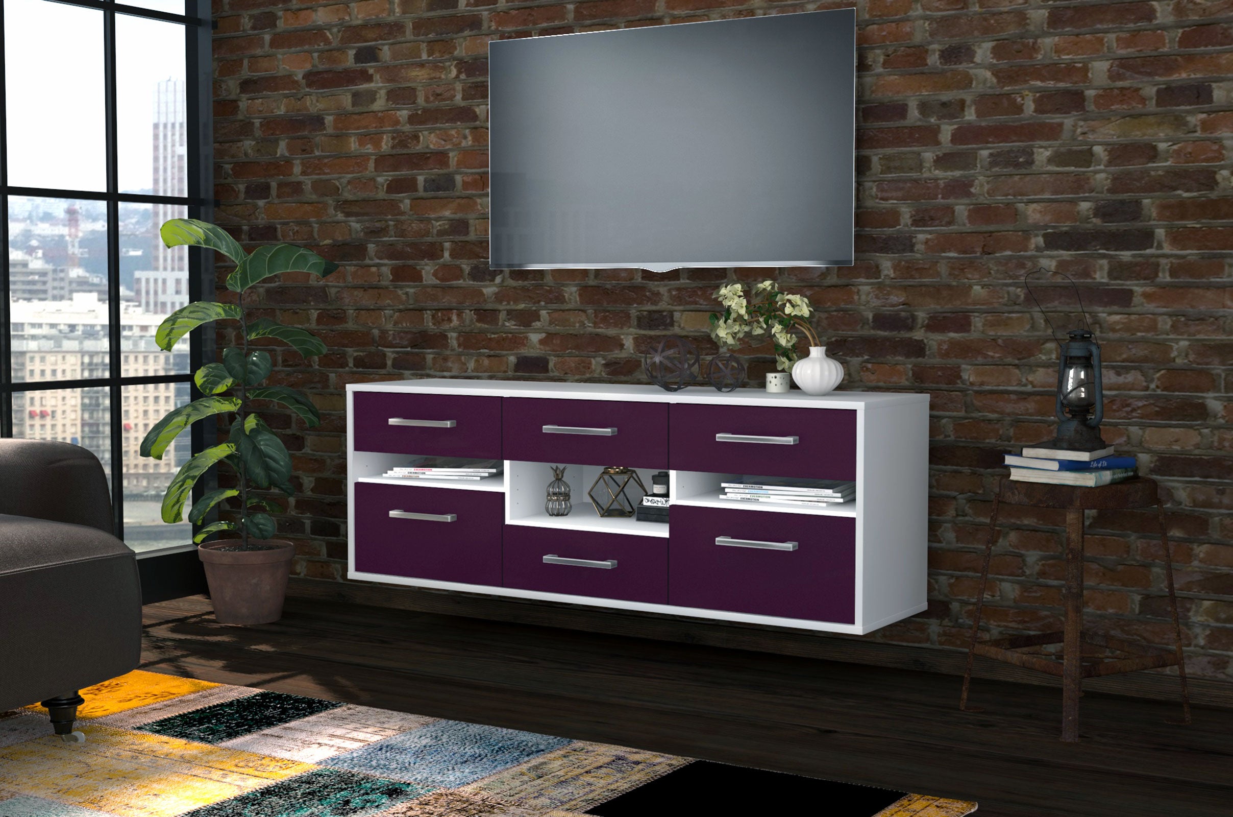 Lowboard - Annamaria - Design Farbakzent - Wandmontage mit Griffe 136 cm Weiss