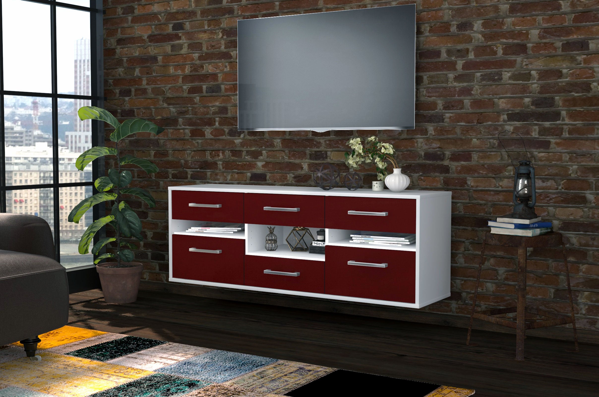 Lowboard - Annamaria - Design Farbakzent - Wandmontage mit Griffe 136 cm Weiss