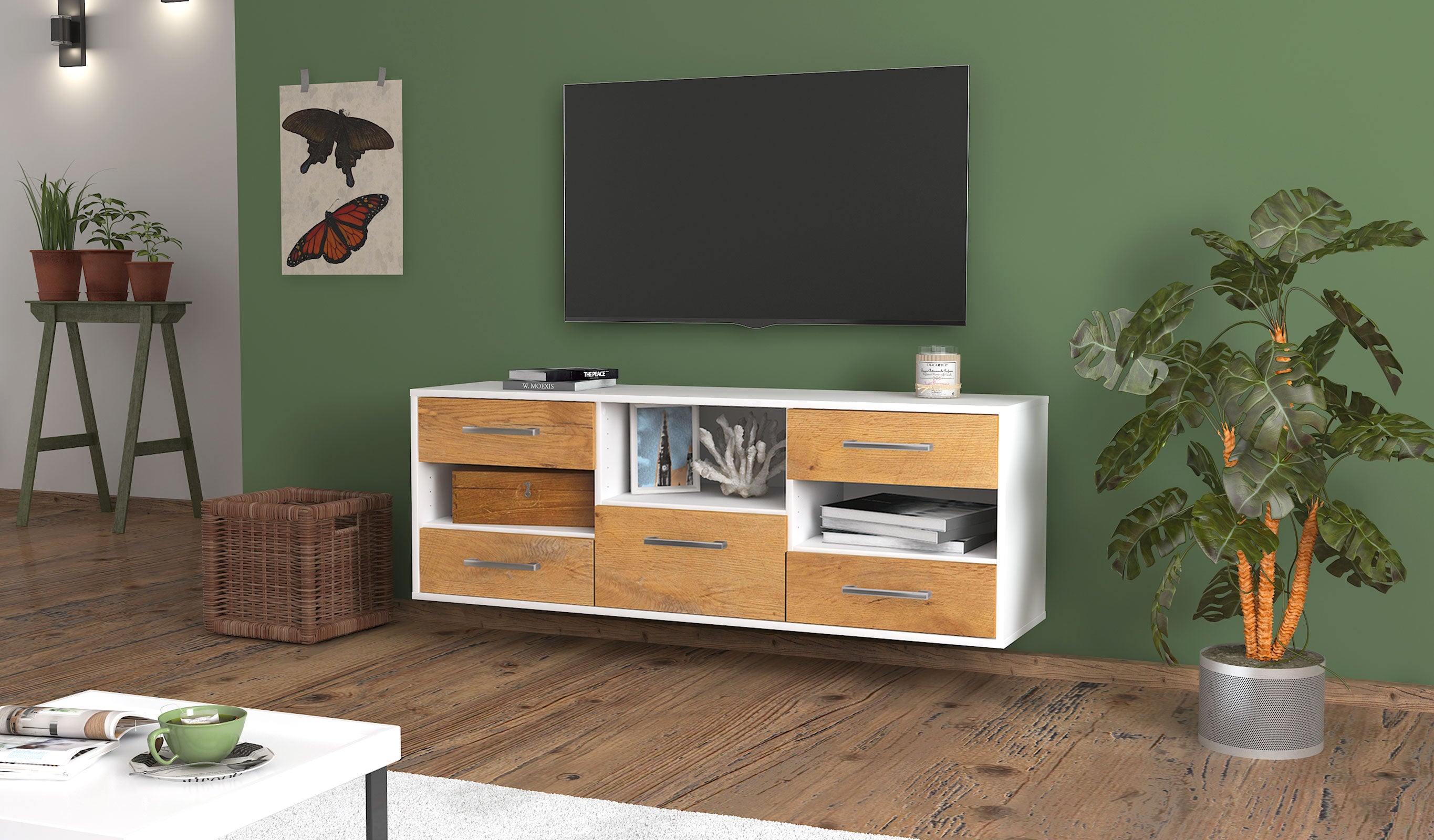 Lowboard - Annunziata - Design Holzdekor - Wandmontage mit Griffe 136 cm Weiss