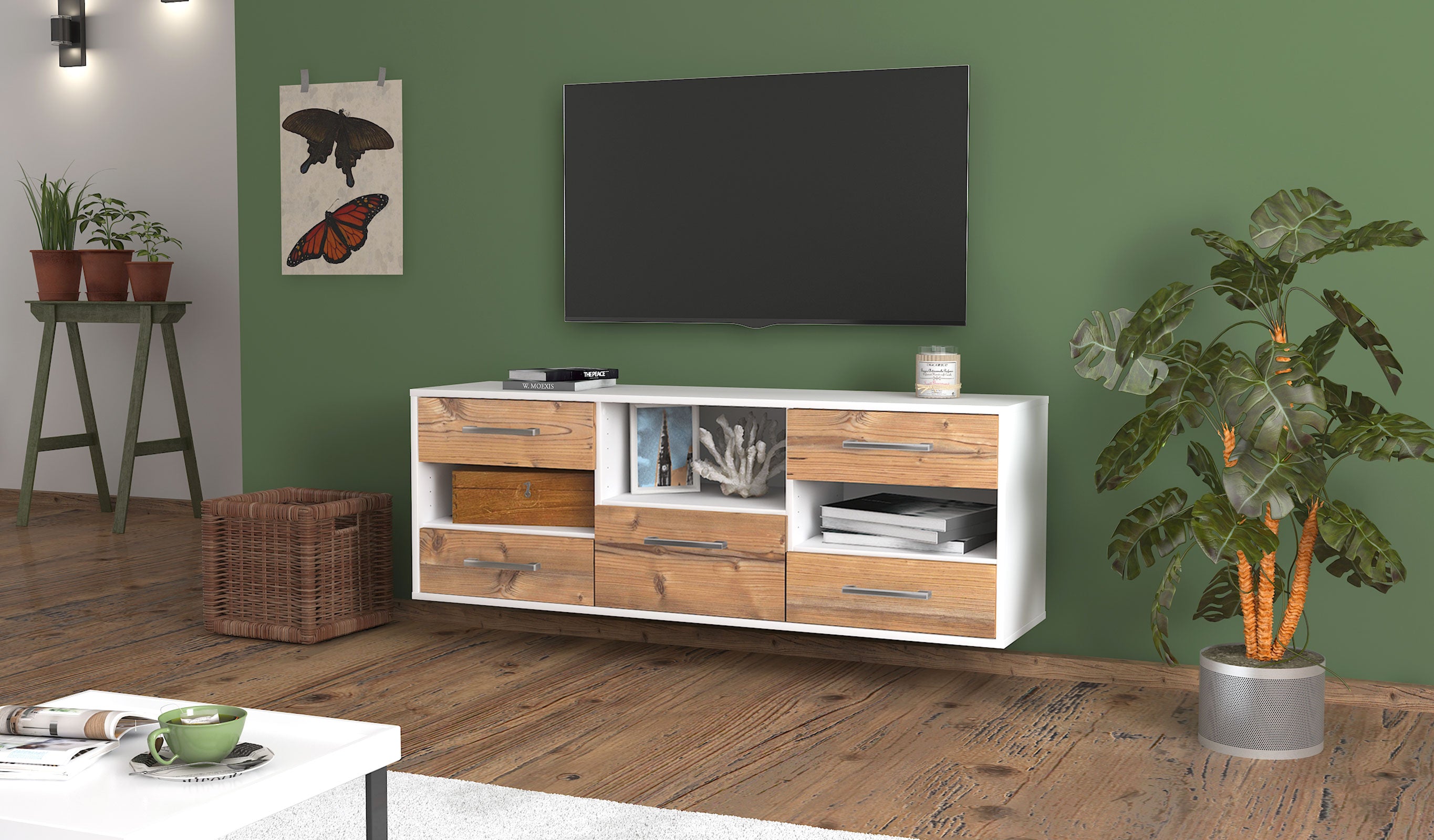 Lowboard - Annunziata - Design Holzdekor - Wandmontage mit Griffe 136 cm Weiss