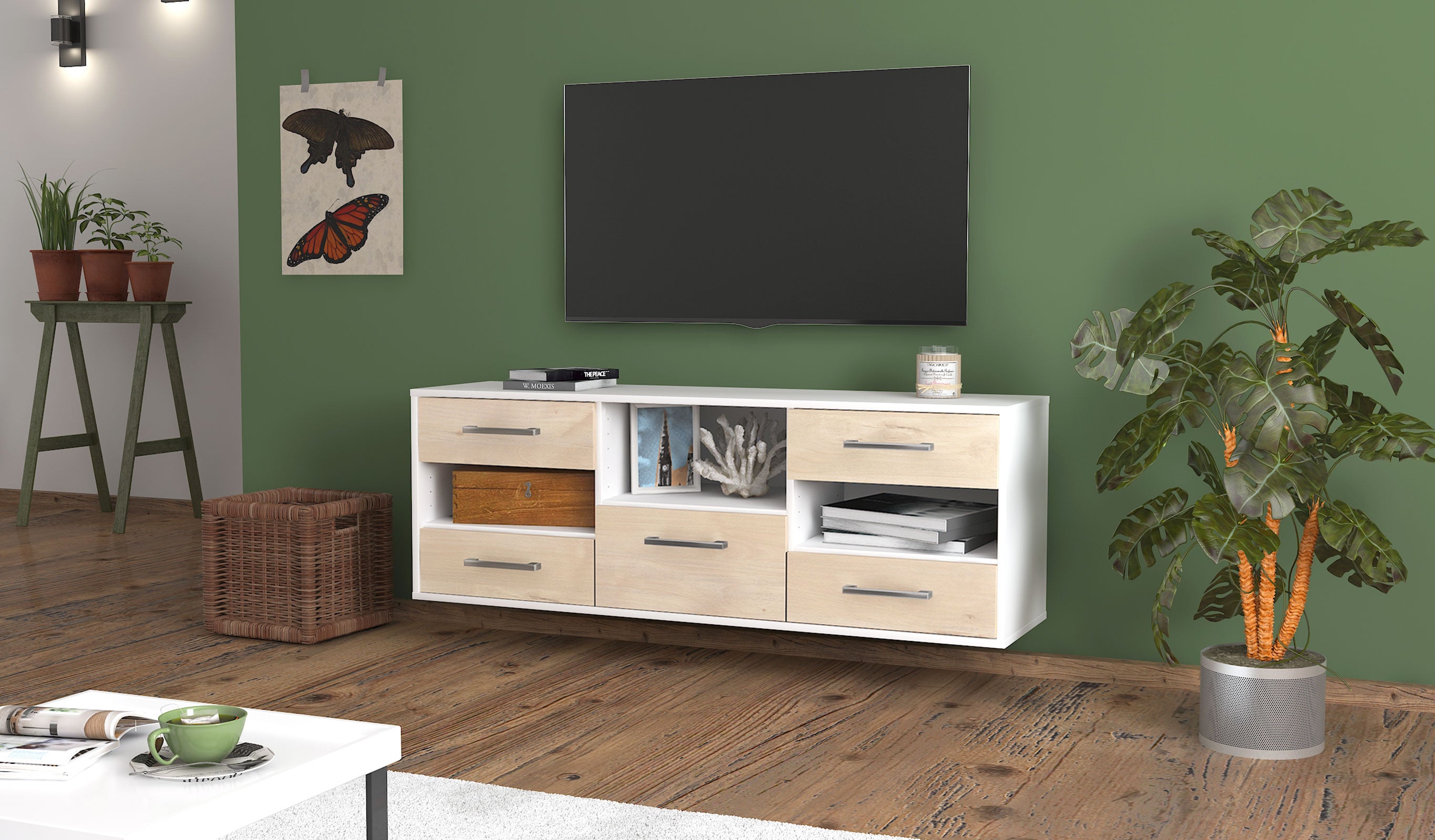 Lowboard - Annunziata - Design Holzdekor - Wandmontage mit Griffe 136 cm Weiss