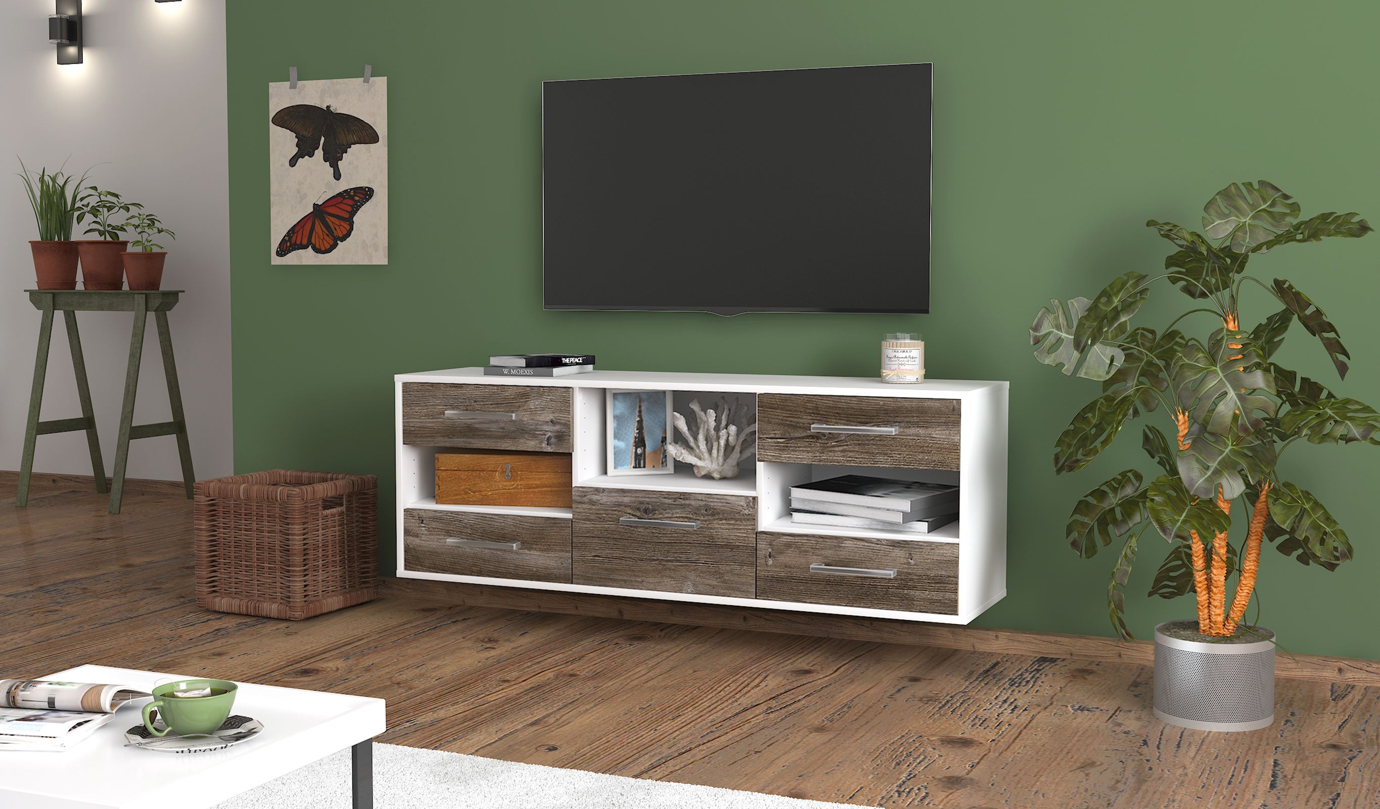 Lowboard - Annunziata - Design Holzdekor - Wandmontage mit Griffe 136 cm Weiss