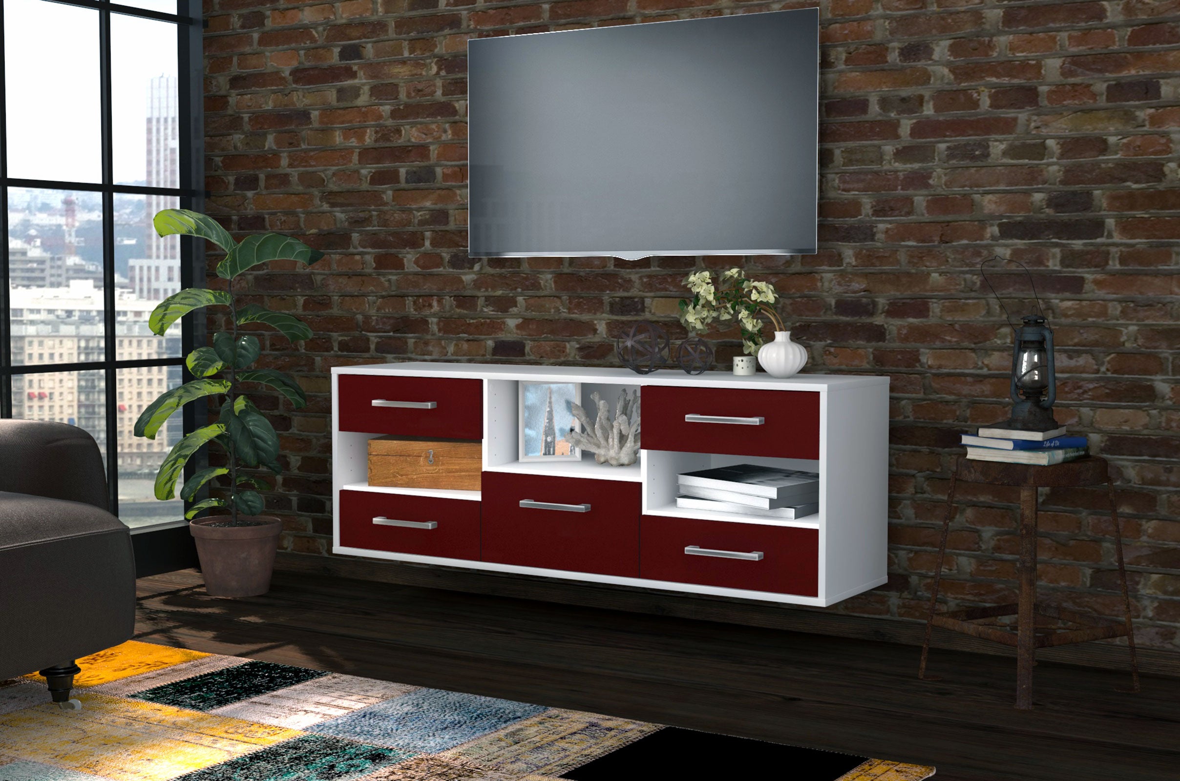 Lowboard - Annunziata - Design Farbakzent - Wandmontage mit Griffe 136 cm Weiss