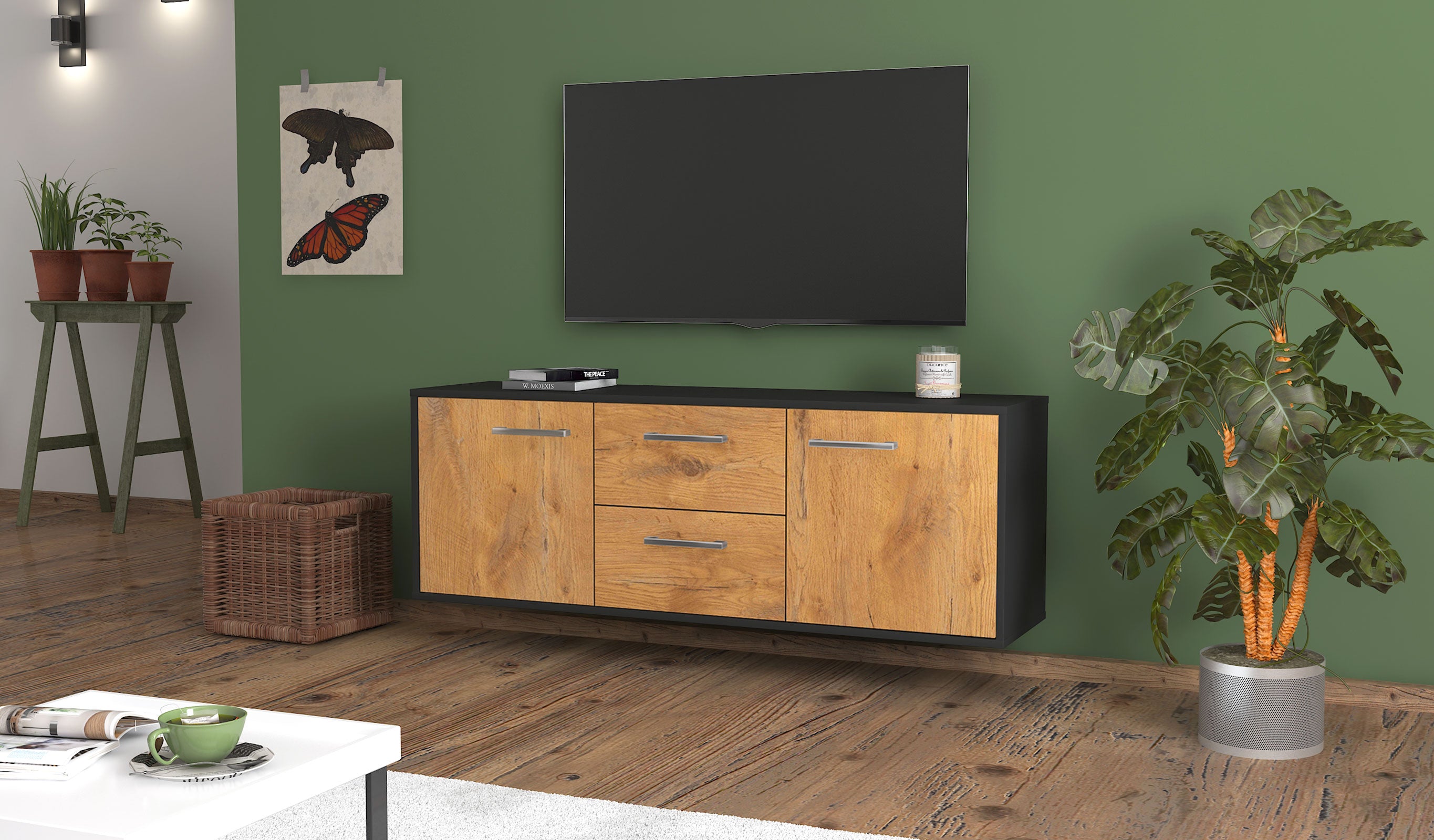 Lowboard - Alma - Design Holzdekor - Wandmontage mit Griffe 136 cm Anthrazit