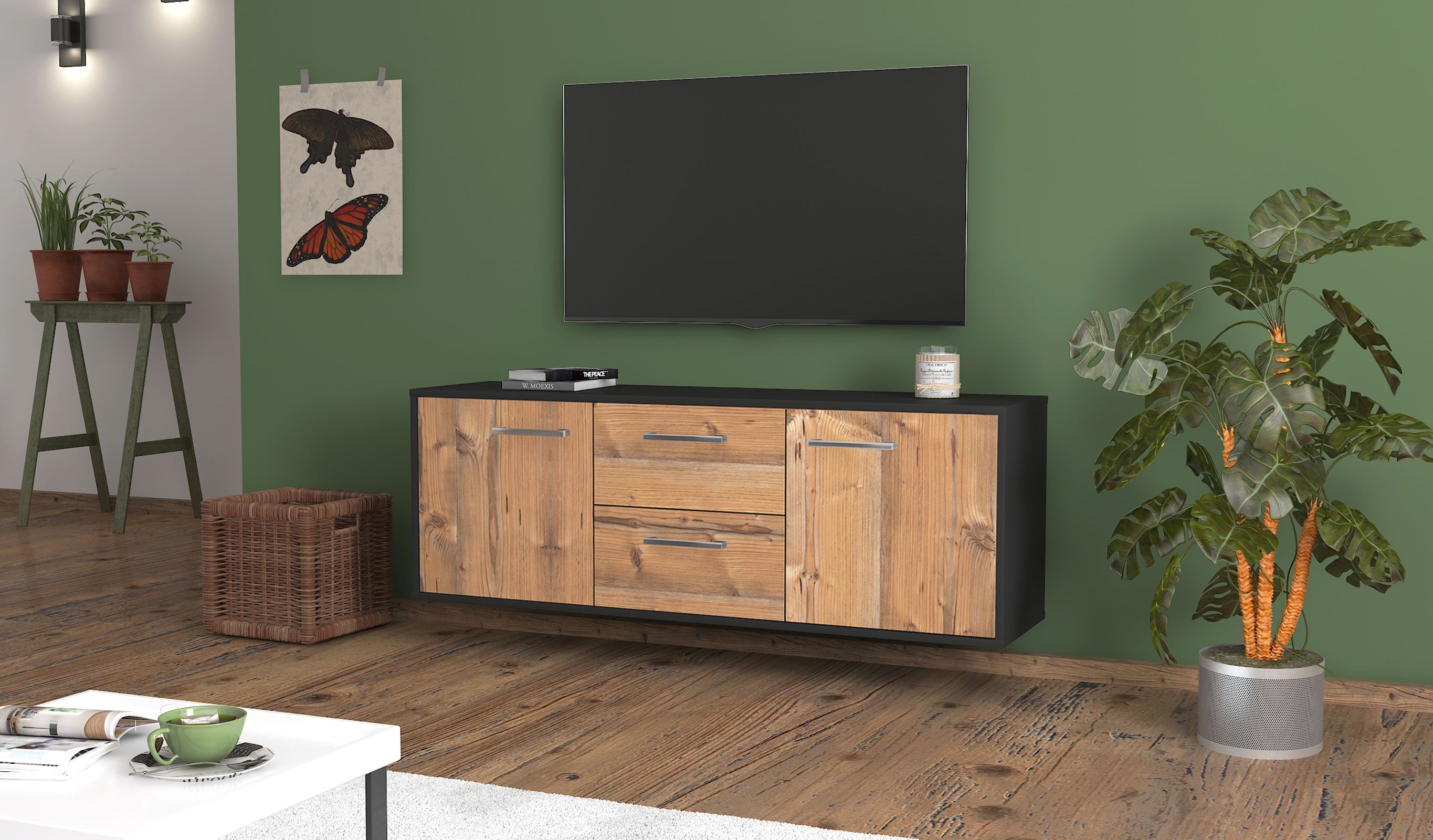 Lowboard - Alma - Design Holzdekor - Wandmontage mit Griffe 136 cm Anthrazit